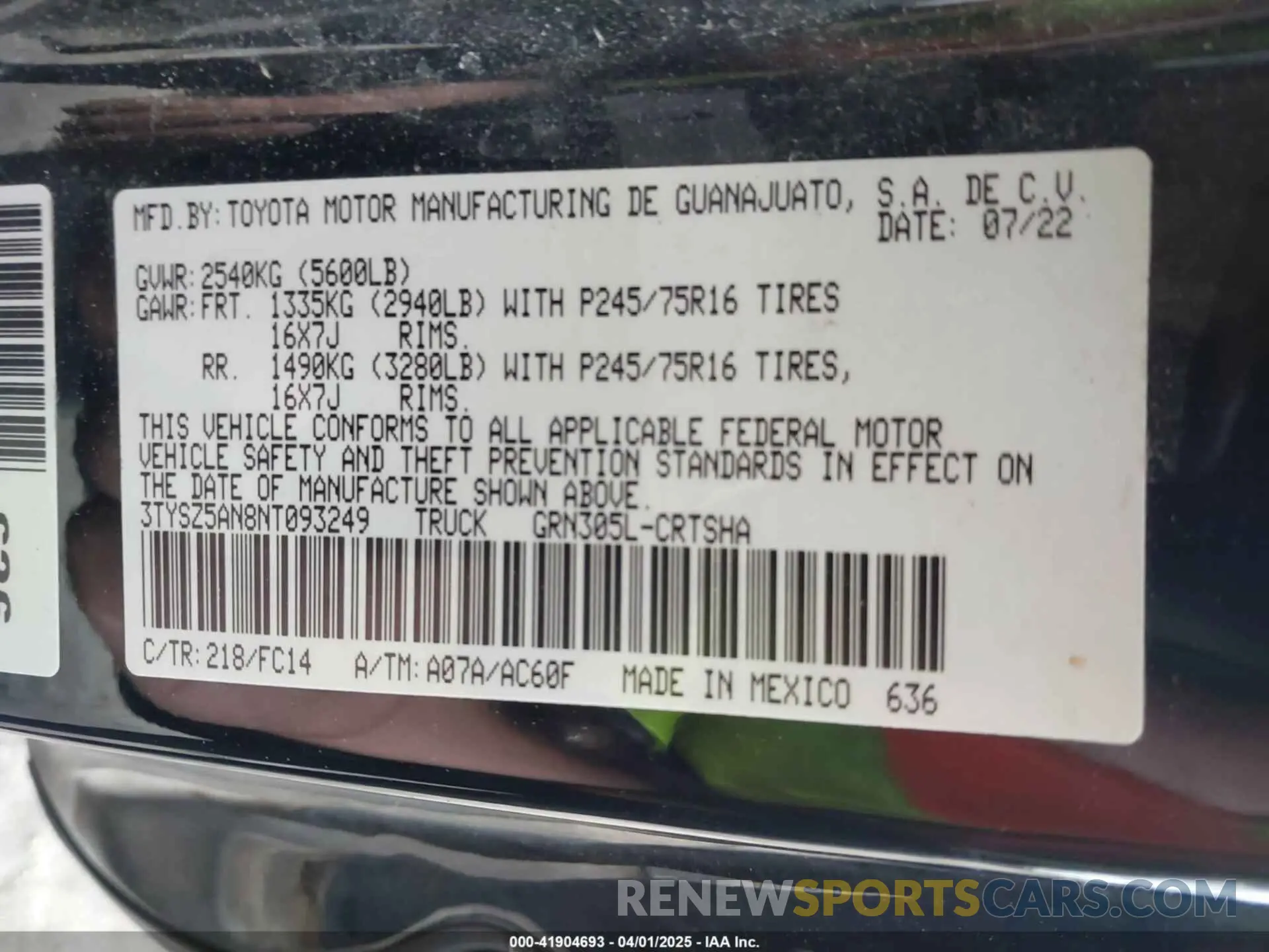 9 fotografías del automóvil dañado 3TYSZ5AN8NT093249 TOYOTA TACOMA 2022