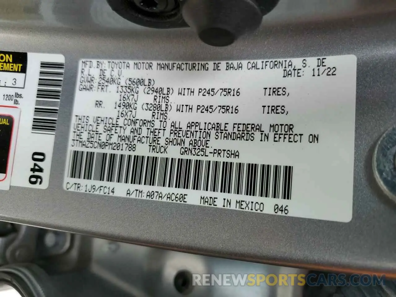12 fotografías del automóvil dañado 3TMAZ5CN0PM201788 TOYOTA TACOMA 2023
