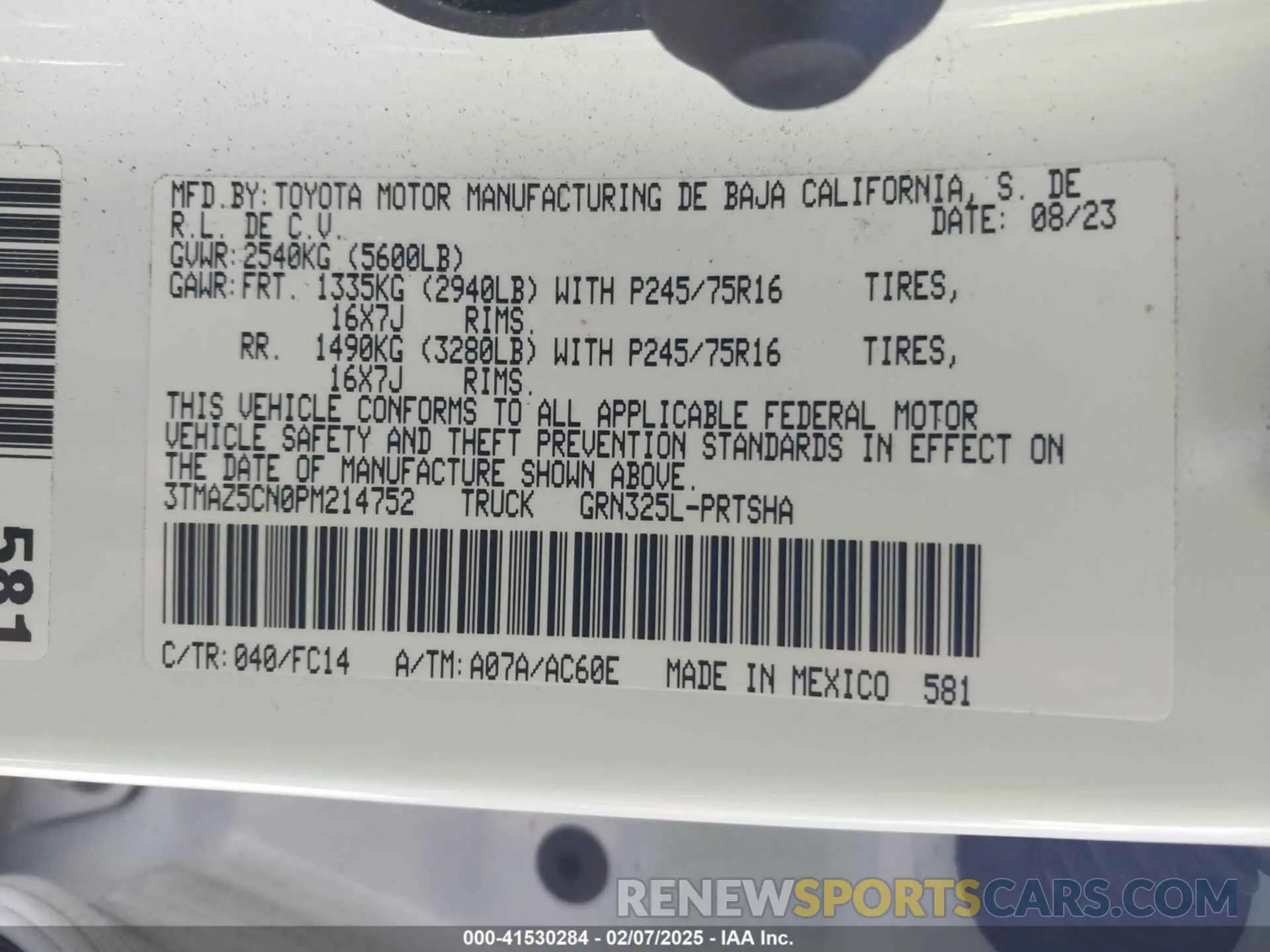 9 fotografías del automóvil dañado 3TMAZ5CN0PM214752 TOYOTA TACOMA 2023