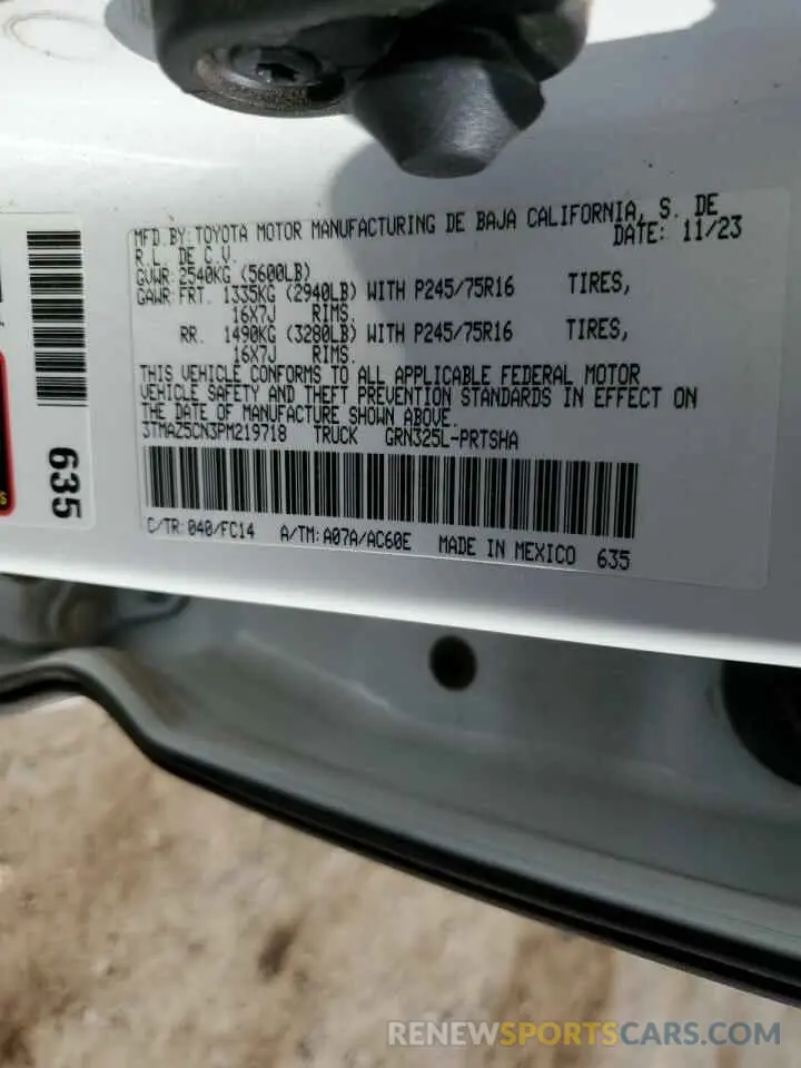 12 fotografías del automóvil dañado 3TMAZ5CN3PM219718 TOYOTA TACOMA 2023