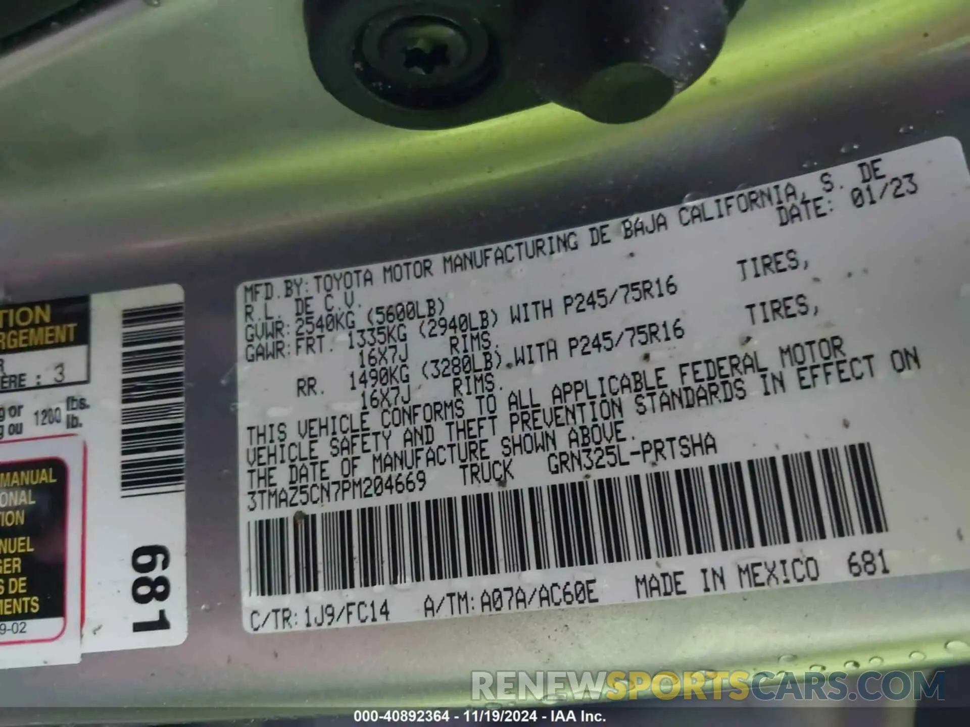 9 fotografías del automóvil dañado 3TMAZ5CN7PM204669 TOYOTA TACOMA 2023
