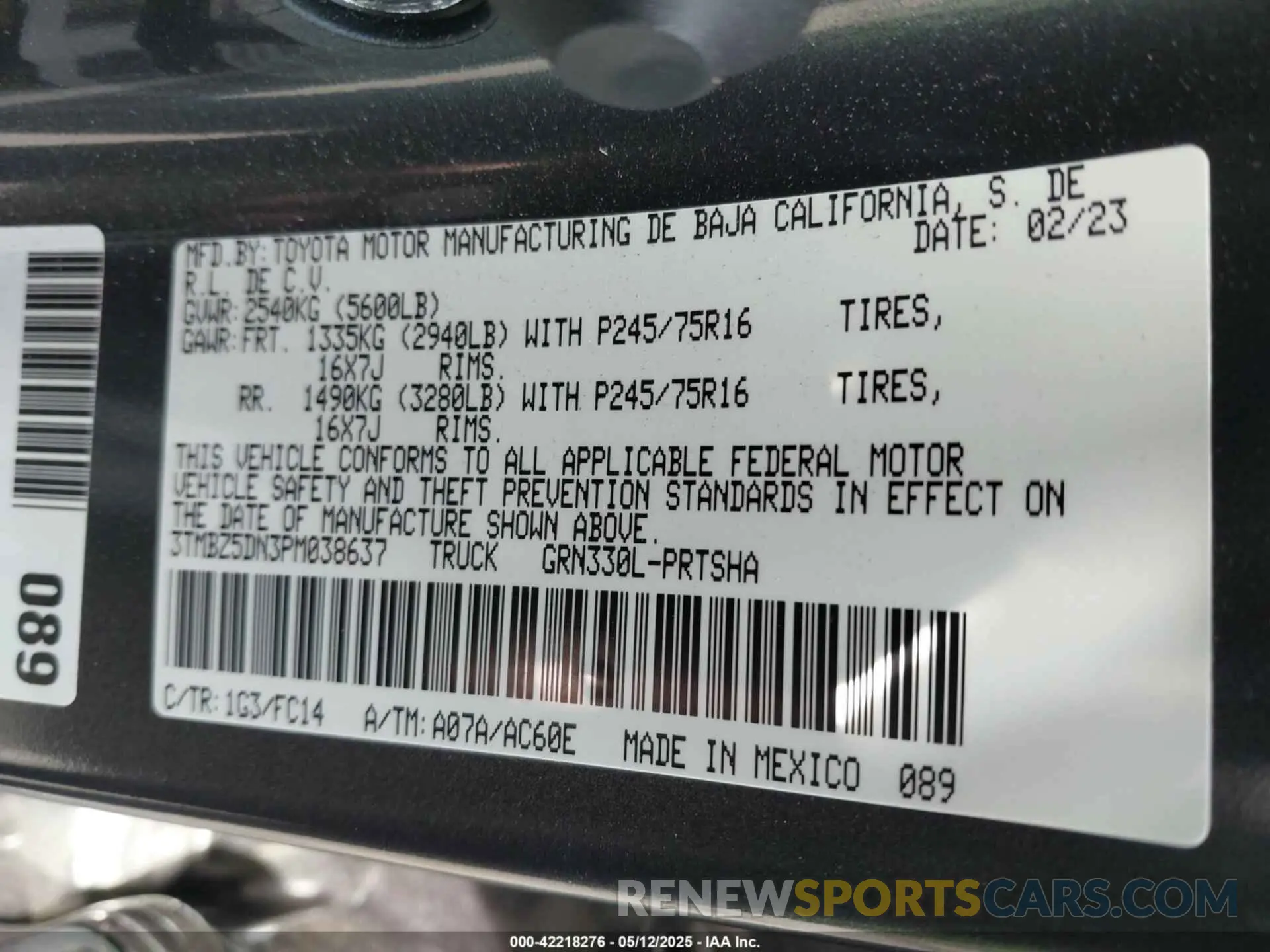 9 fotografías del automóvil dañado 3TMBZ5DN3PM038637 TOYOTA TACOMA 2023