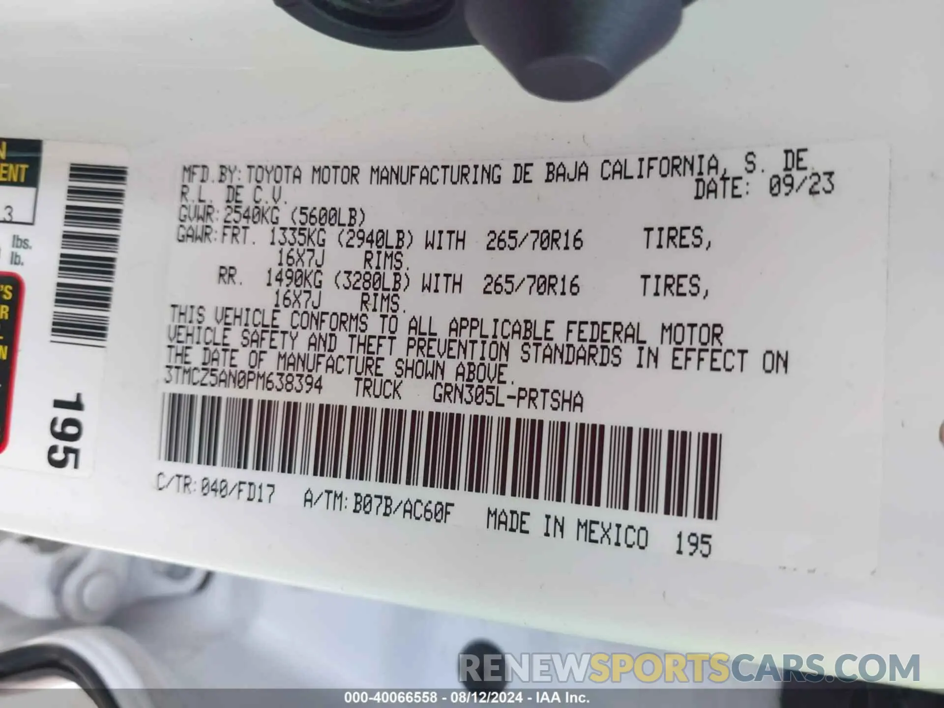 9 fotografías del automóvil dañado 3TMCZ5AN0PM638394 TOYOTA TACOMA 2023