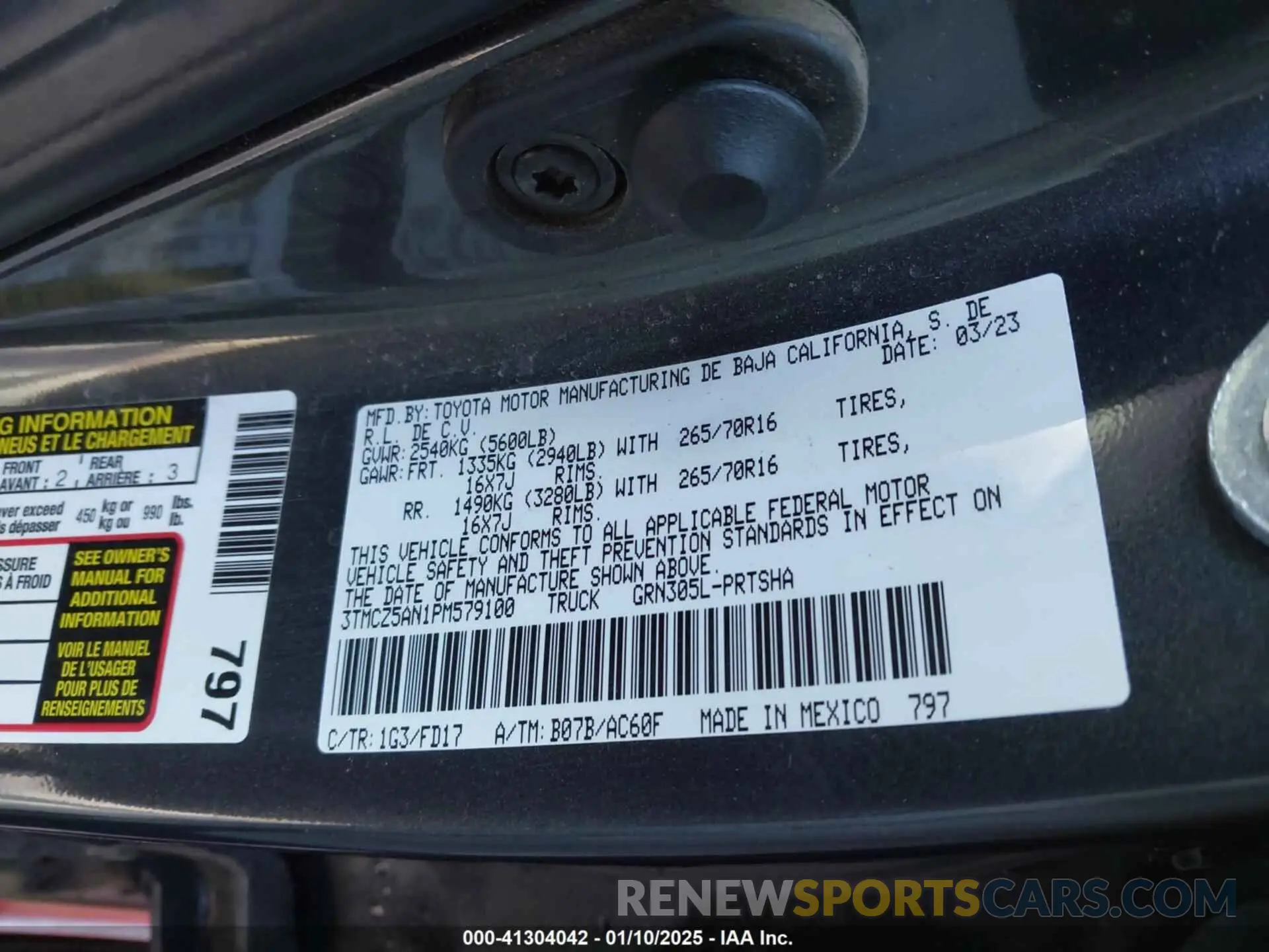 9 fotografías del automóvil dañado 3TMCZ5AN1PM579100 TOYOTA TACOMA 2023