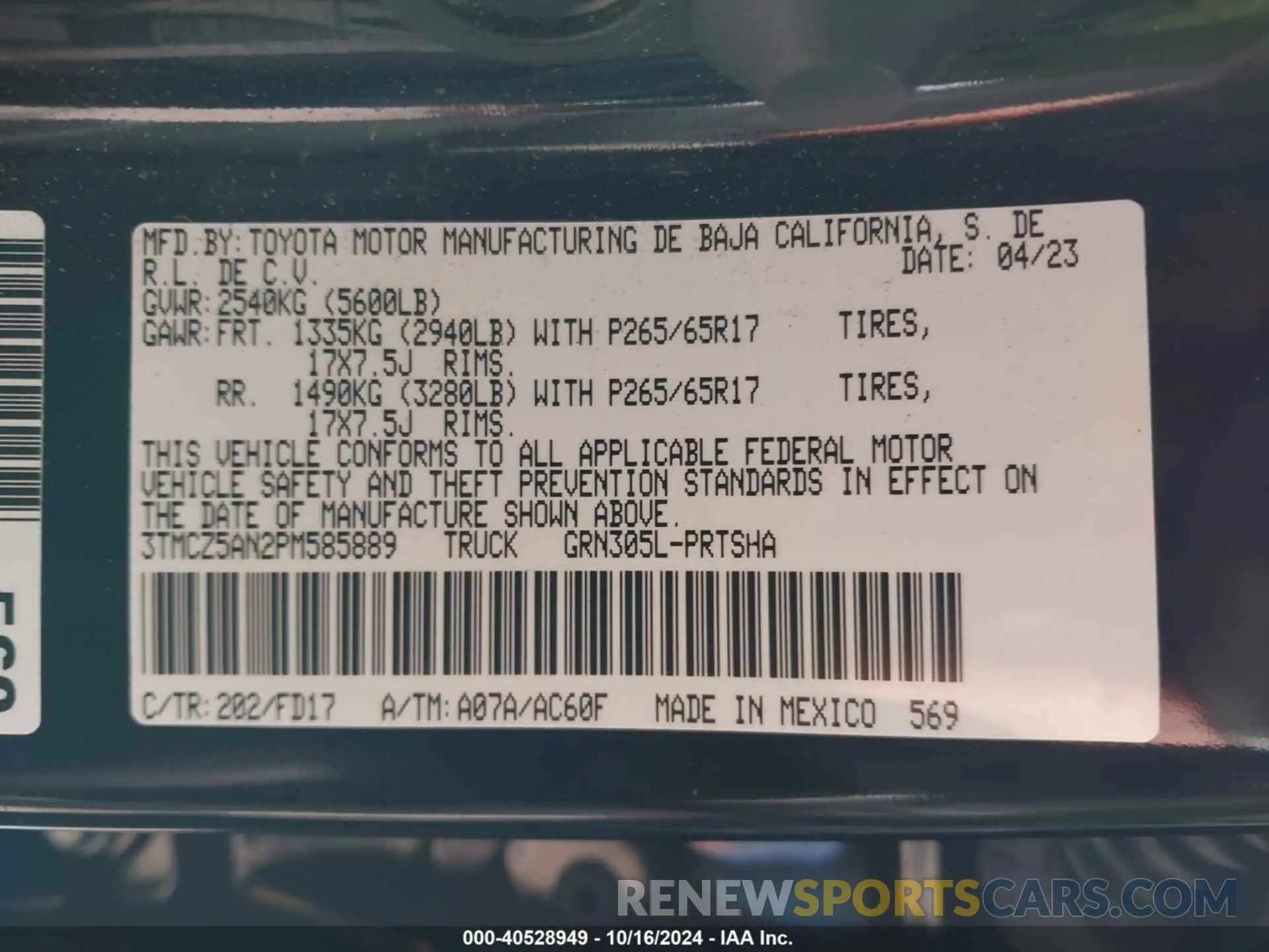 9 fotografías del automóvil dañado 3TMCZ5AN2PM585889 TOYOTA TACOMA 2023