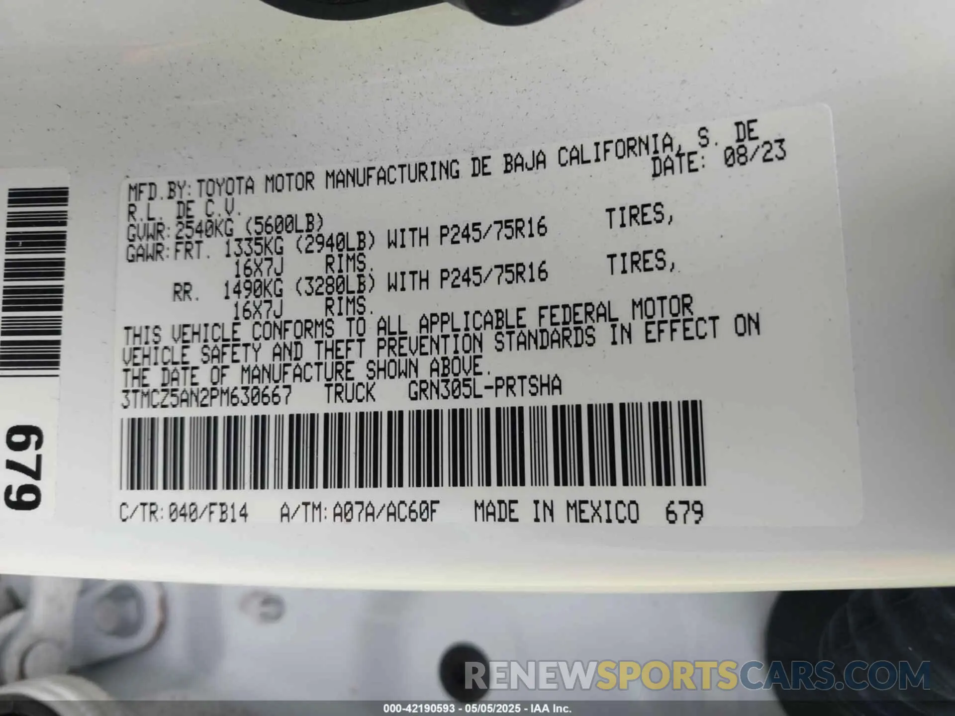 9 fotografías del automóvil dañado 3TMCZ5AN2PM630667 TOYOTA TACOMA 2023
