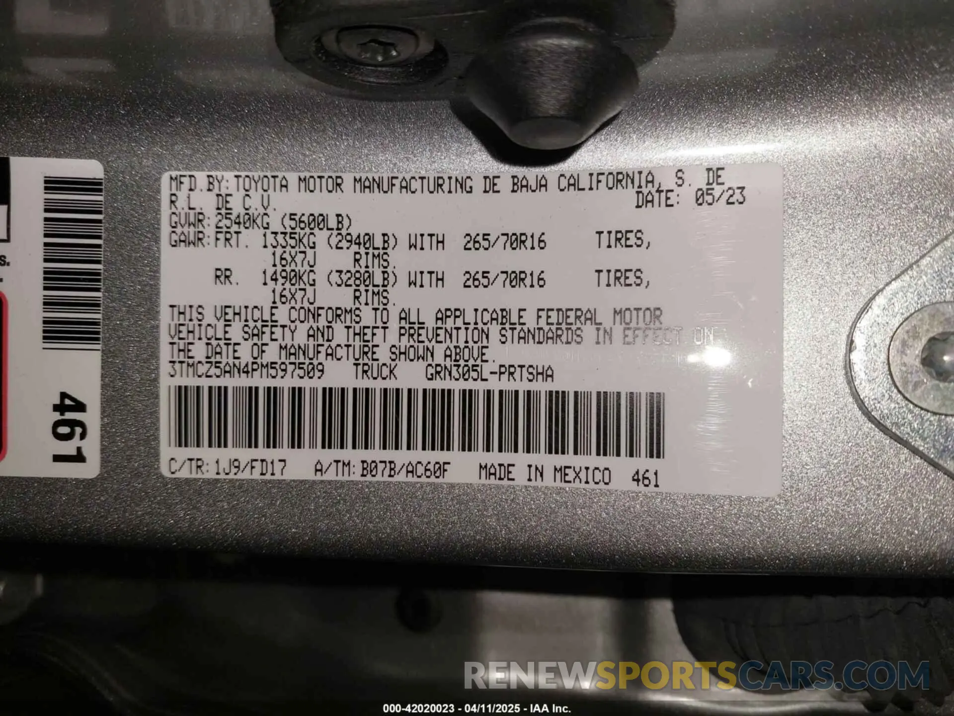 9 fotografías del automóvil dañado 3TMCZ5AN4PM597509 TOYOTA TACOMA 2023