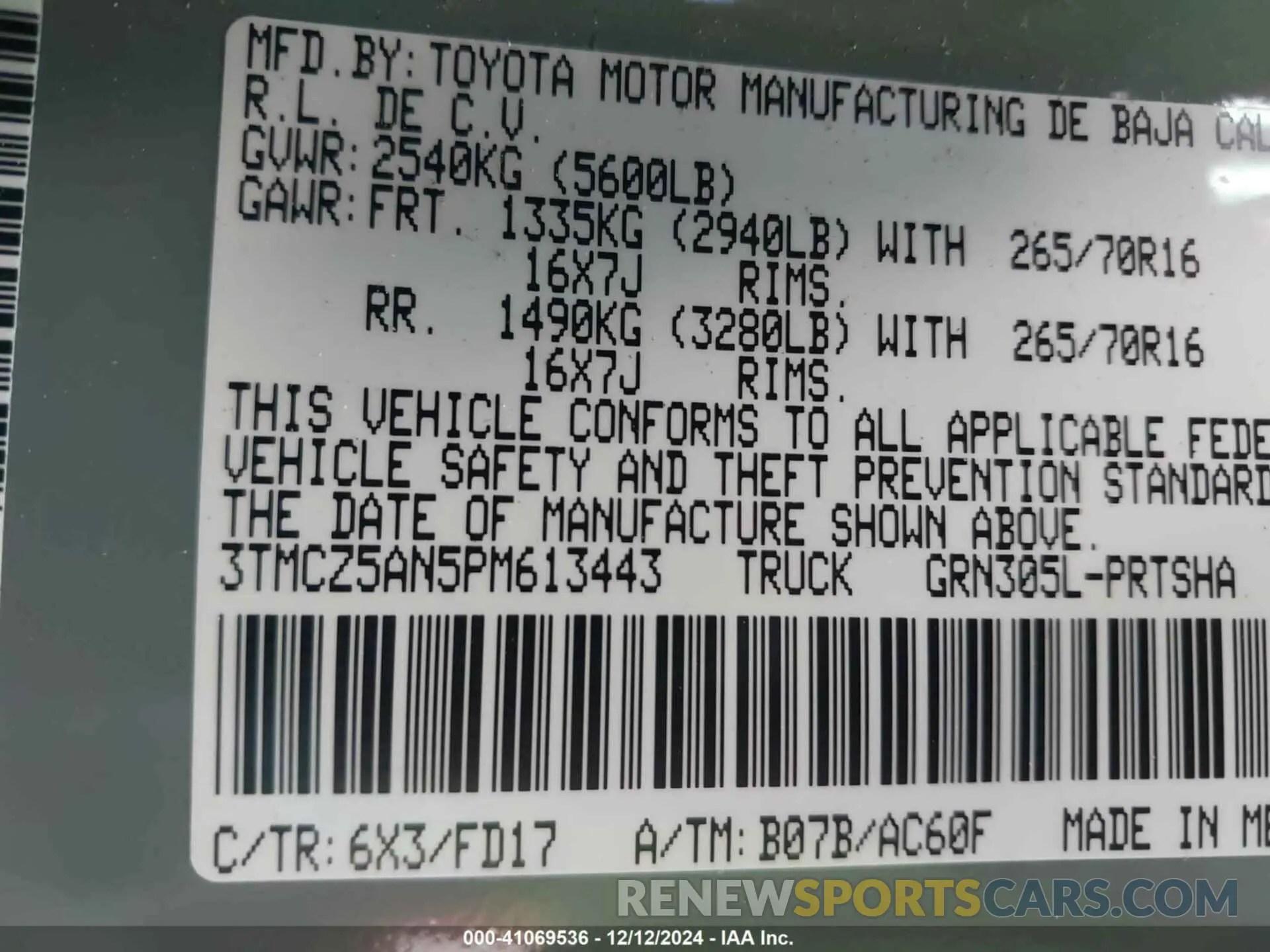 9 fotografías del automóvil dañado 3TMCZ5AN5PM613443 TOYOTA TACOMA 2023