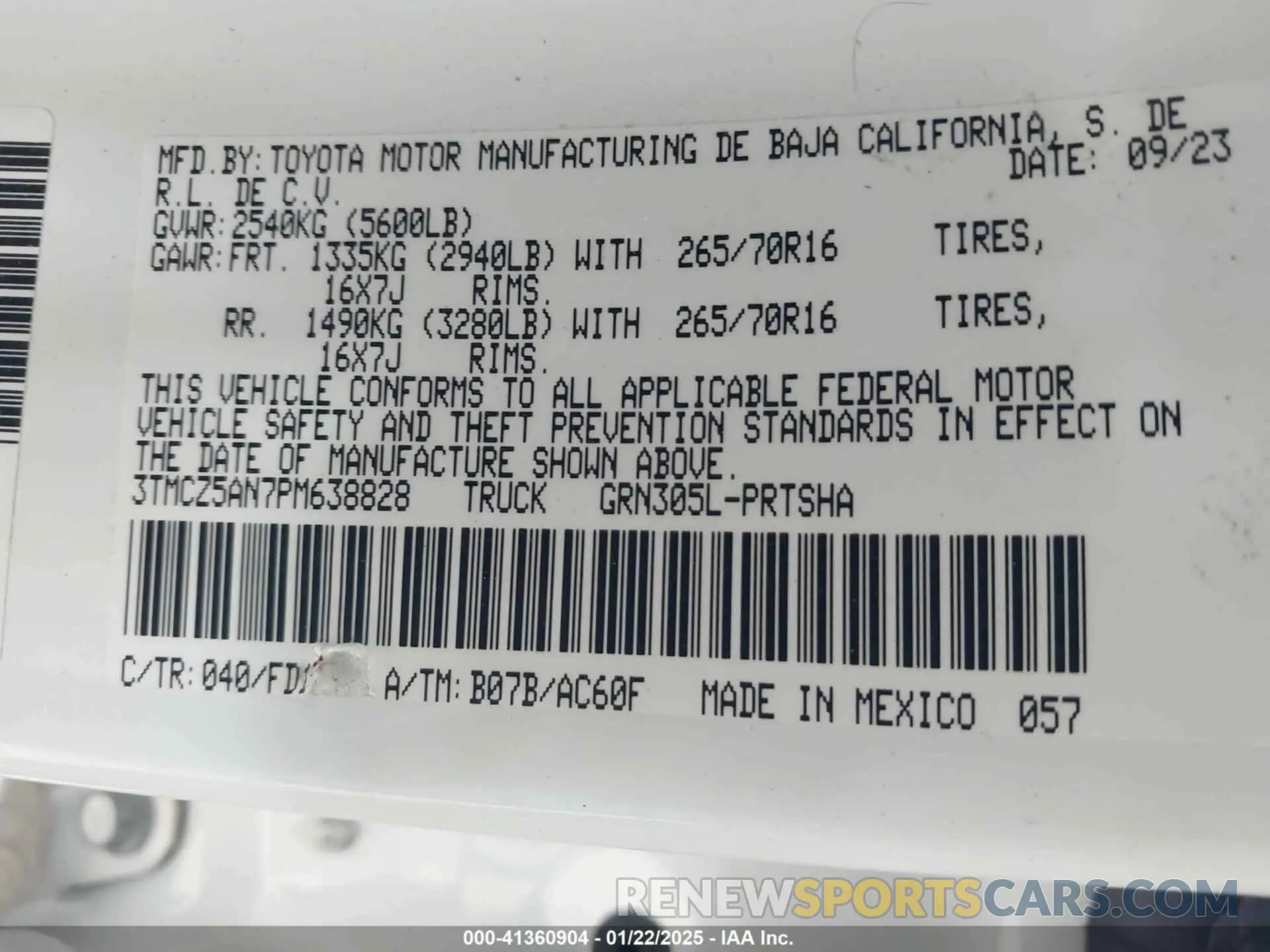 9 fotografías del automóvil dañado 3TMCZ5AN7PM638828 TOYOTA TACOMA 2023