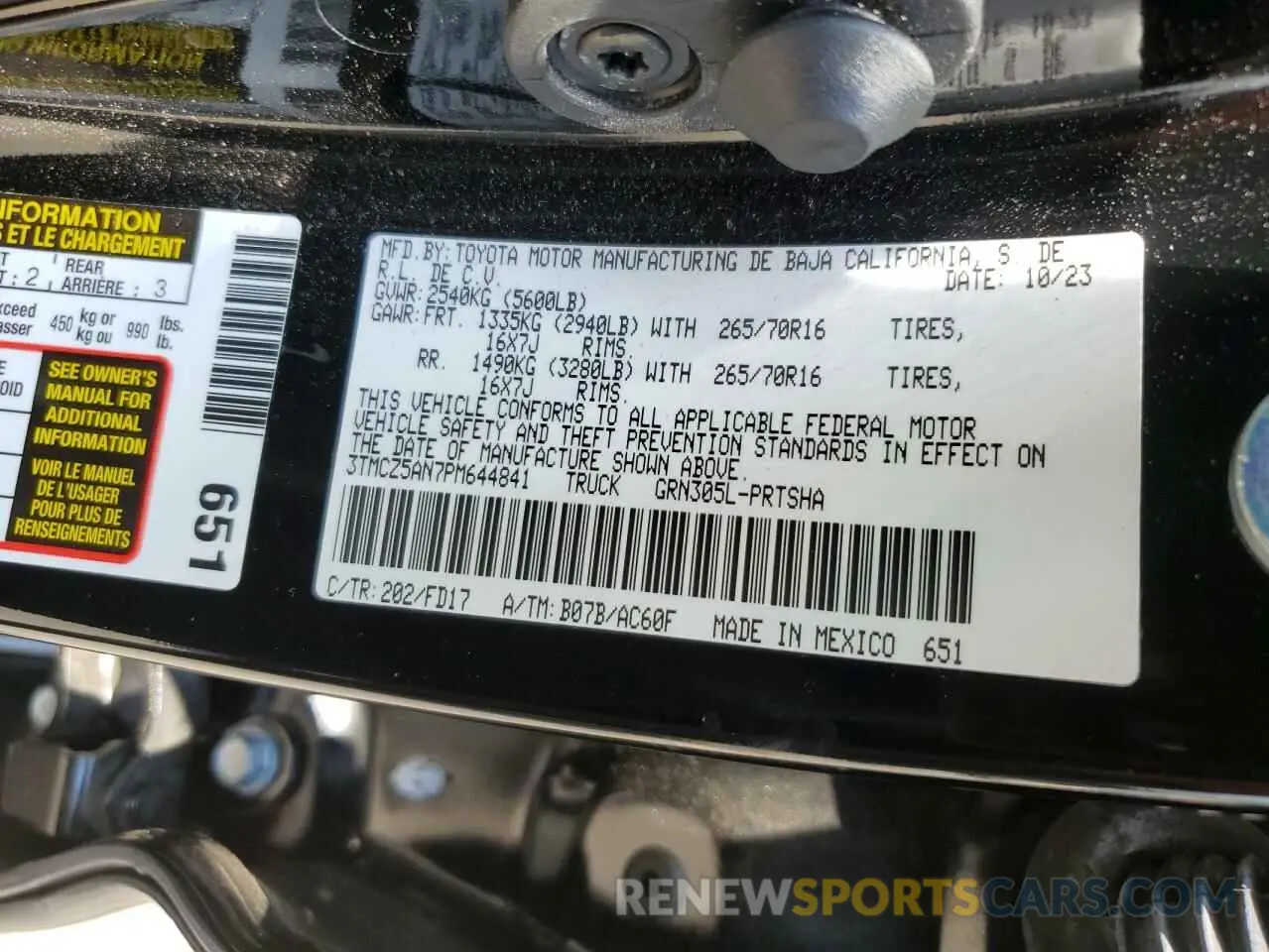 12 fotografías del automóvil dañado 3TMCZ5AN7PM644841 TOYOTA TACOMA 2023