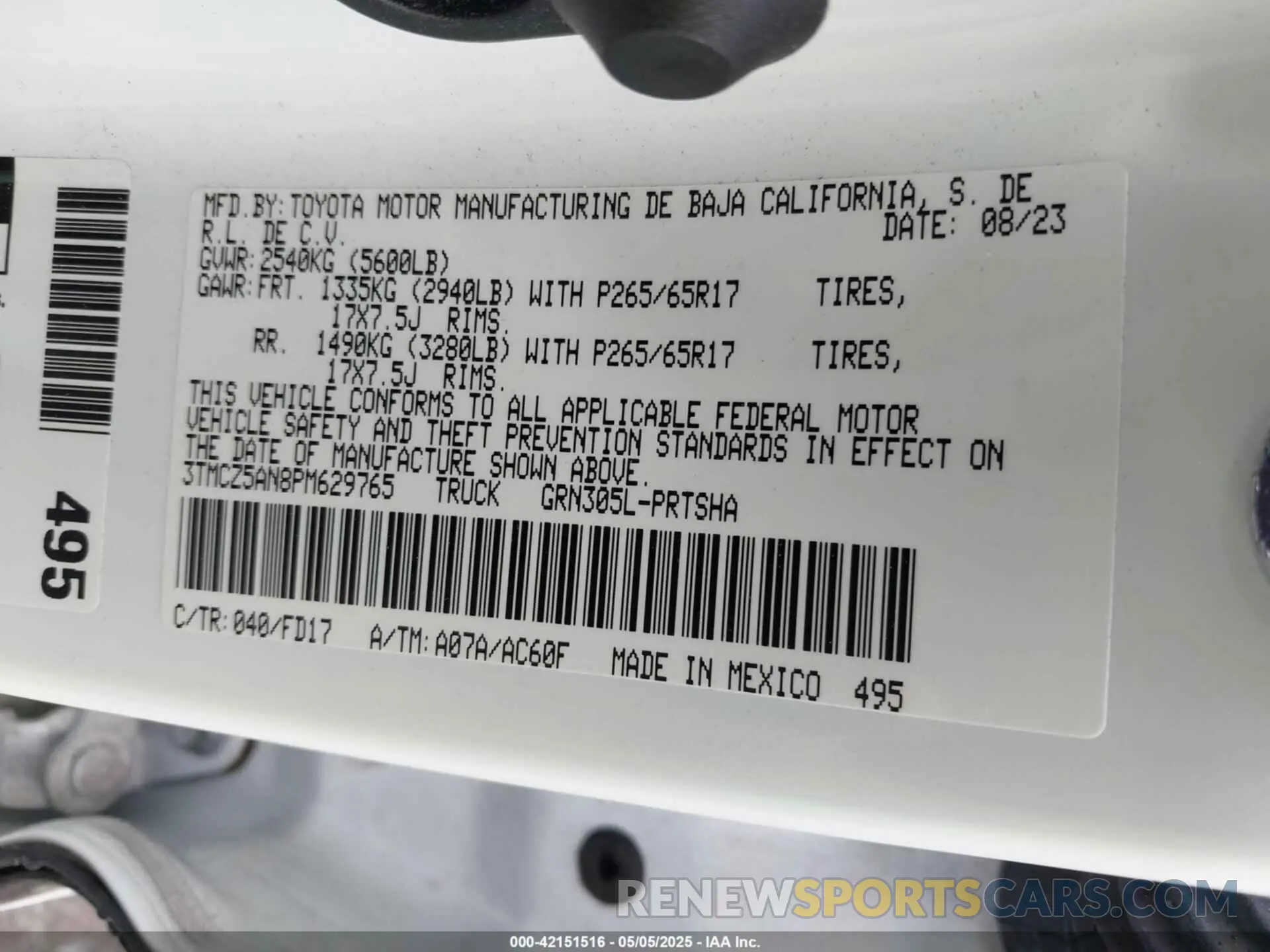 9 fotografías del automóvil dañado 3TMCZ5AN8PM629765 TOYOTA TACOMA 2023