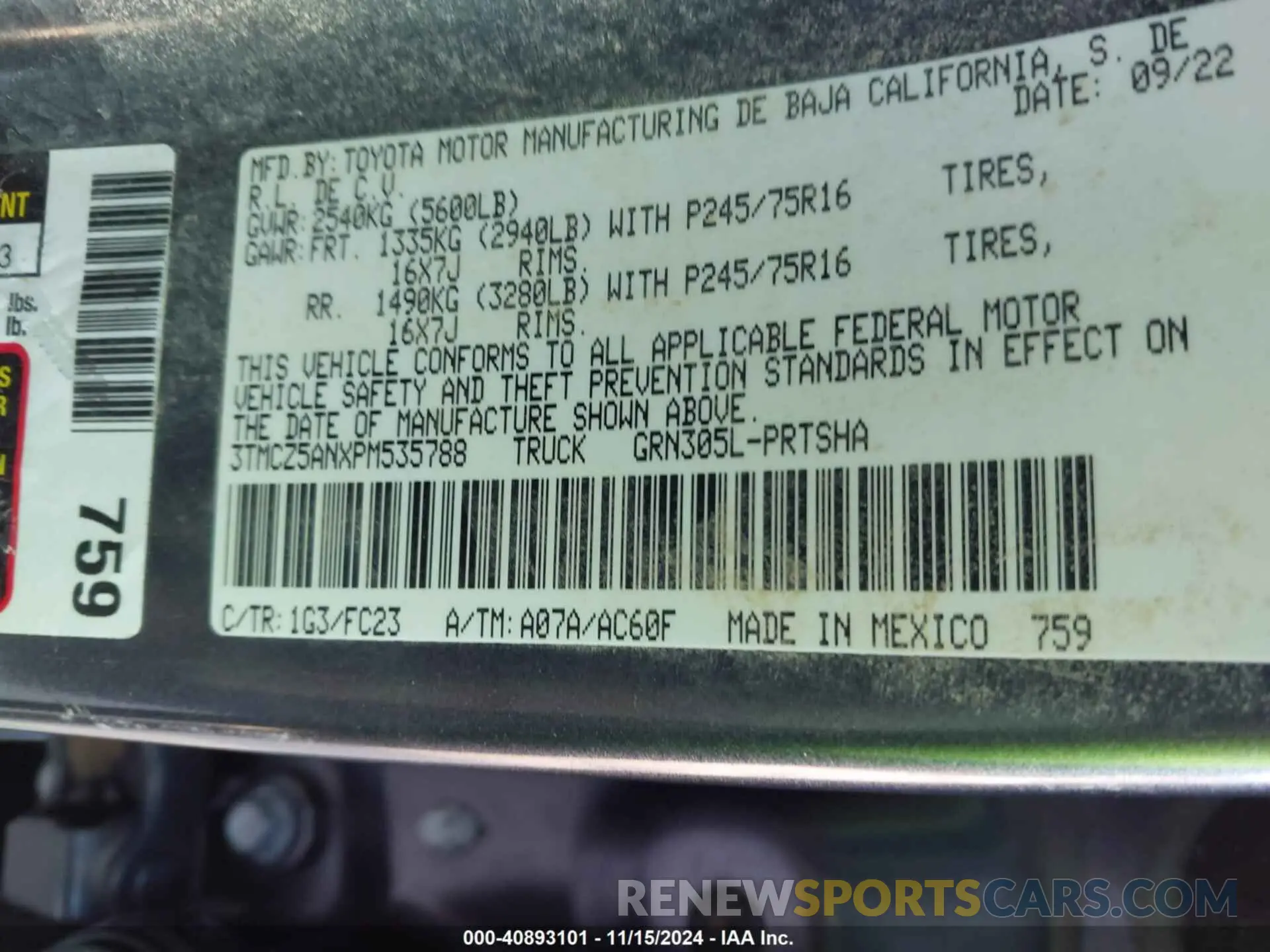 9 fotografías del automóvil dañado 3TMCZ5ANXPM535788 TOYOTA TACOMA 2023