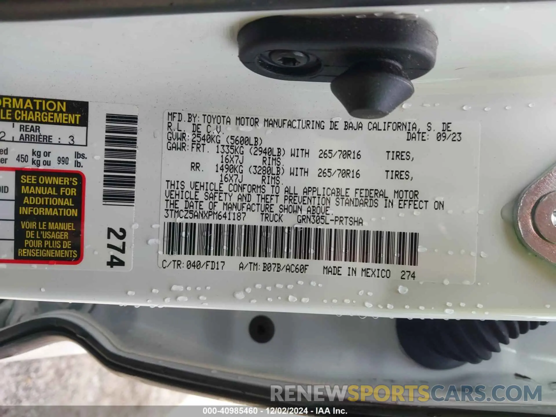 9 fotografías del automóvil dañado 3TMCZ5ANXPM641187 TOYOTA TACOMA 2023