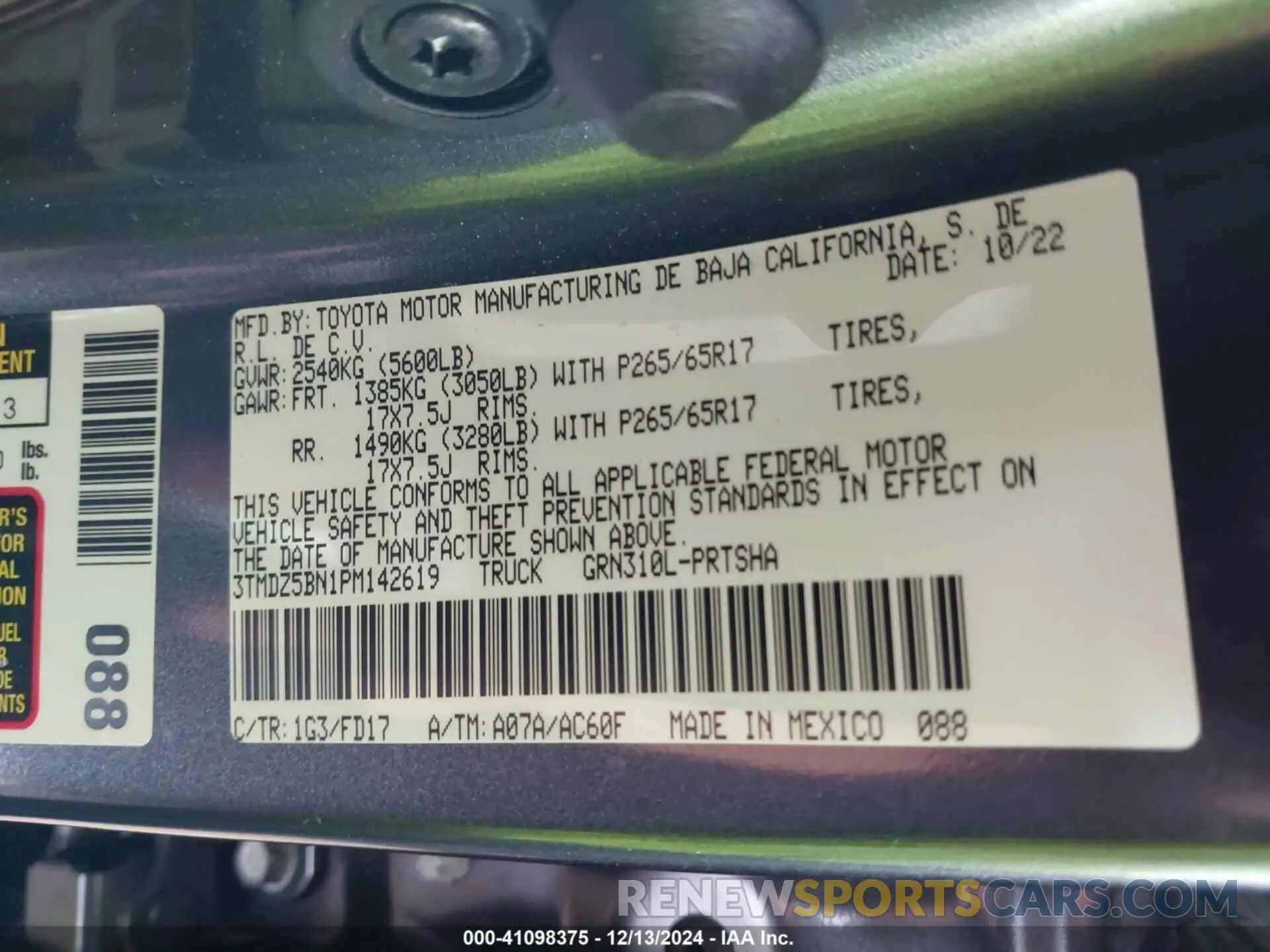 9 fotografías del automóvil dañado 3TMDZ5BN1PM142619 TOYOTA TACOMA 2023