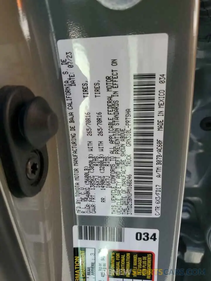 12 fotografías del automóvil dañado 3TMDZ5BN1PM160246 TOYOTA TACOMA 2023