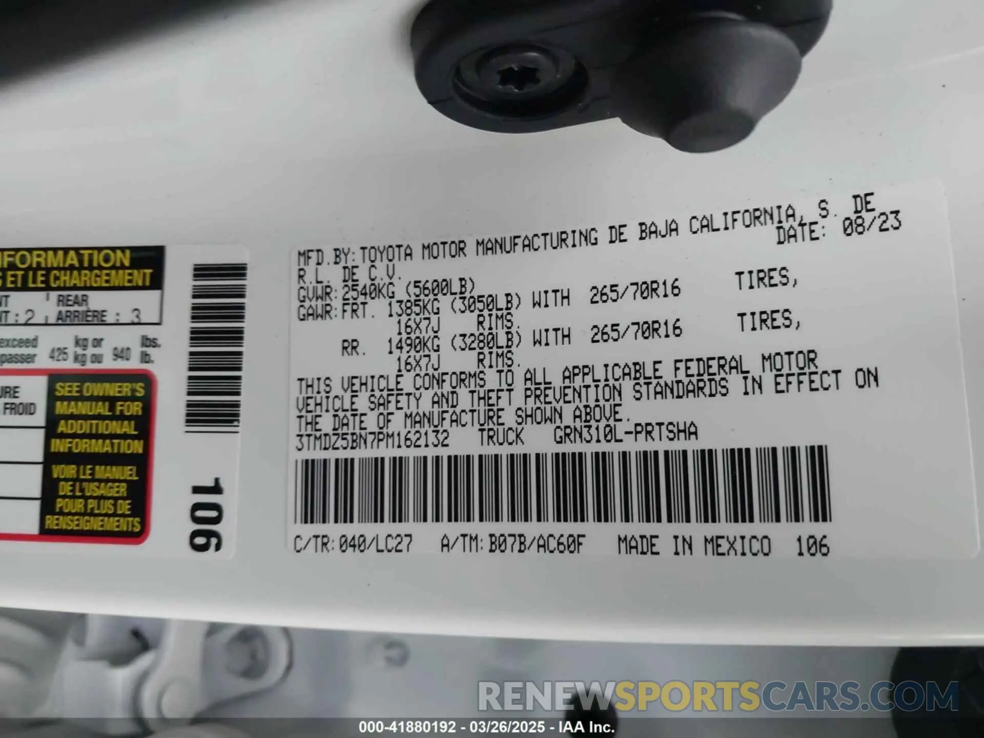 9 fotografías del automóvil dañado 3TMDZ5BN7PM162132 TOYOTA TACOMA 2023