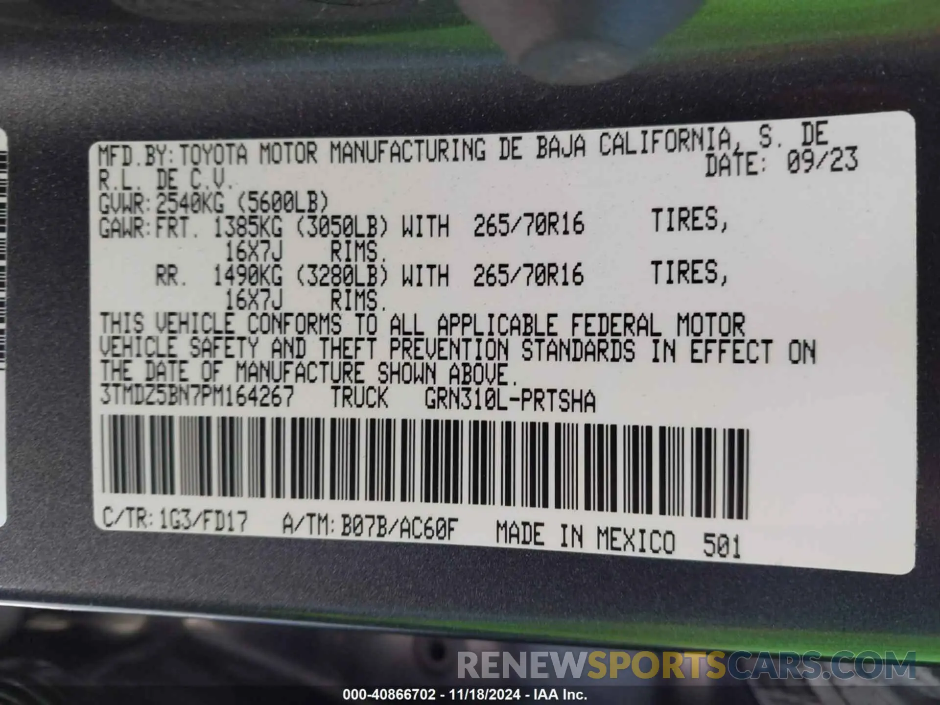 9 fotografías del automóvil dañado 3TMDZ5BN7PM164267 TOYOTA TACOMA 2023