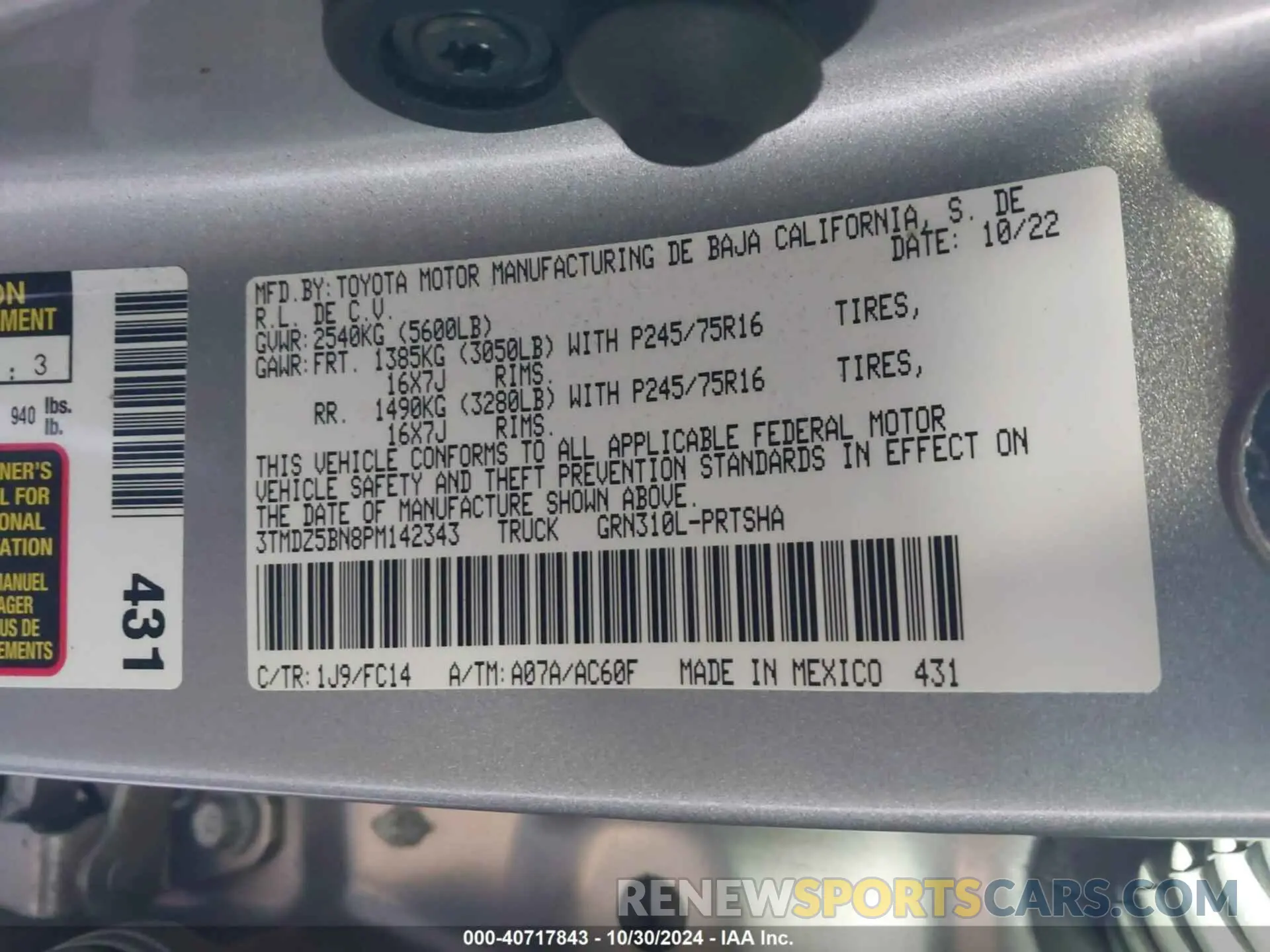 9 fotografías del automóvil dañado 3TMDZ5BN8PM142343 TOYOTA TACOMA 2023