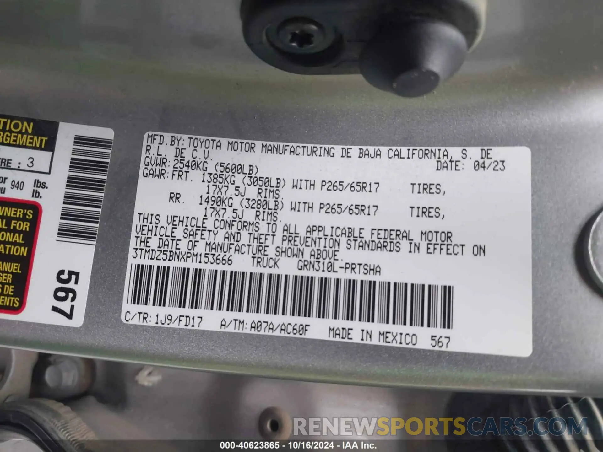 9 fotografías del automóvil dañado 3TMDZ5BNXPM153666 TOYOTA TACOMA 2023