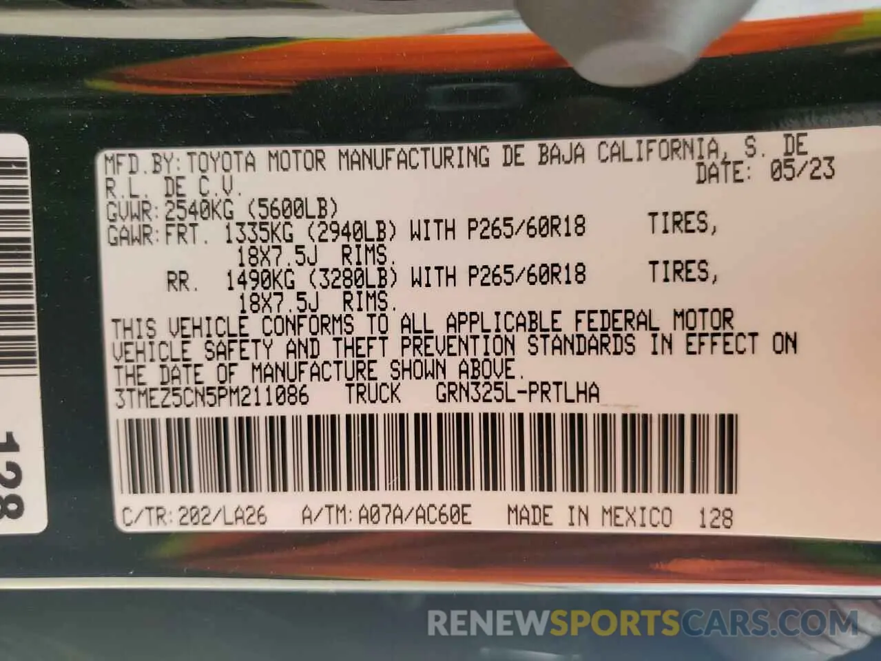 12 fotografías del automóvil dañado 3TMEZ5CN5PM211086 TOYOTA TACOMA 2023