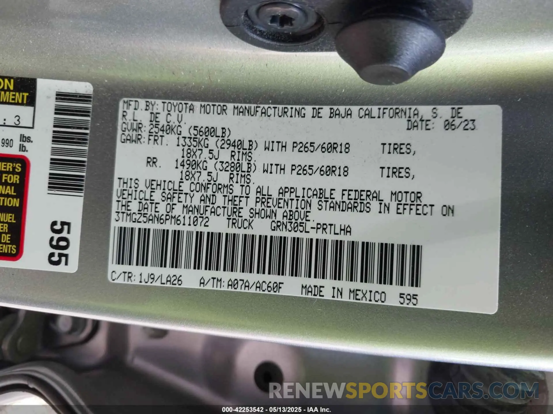 9 fotografías del automóvil dañado 3TMGZ5AN6PM611072 TOYOTA TACOMA 2023