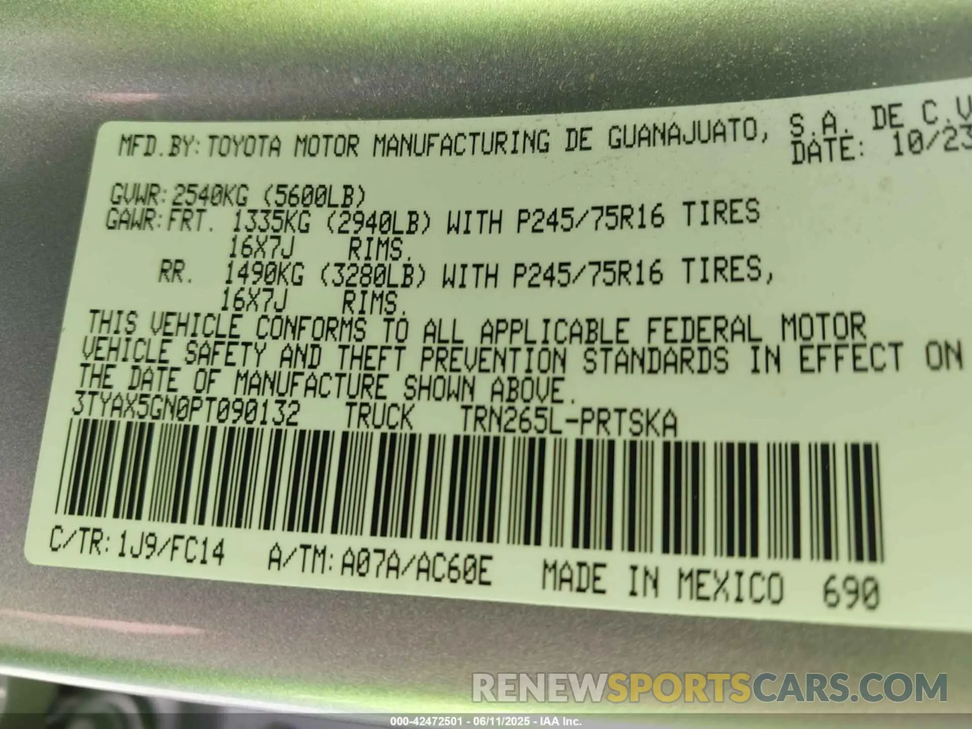 9 fotografías del automóvil dañado 3TYAX5GN0PT090132 TOYOTA TACOMA 2023