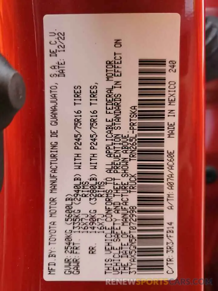 12 fotografías del automóvil dañado 3TYAX5GN5PT072998 TOYOTA TACOMA 2023