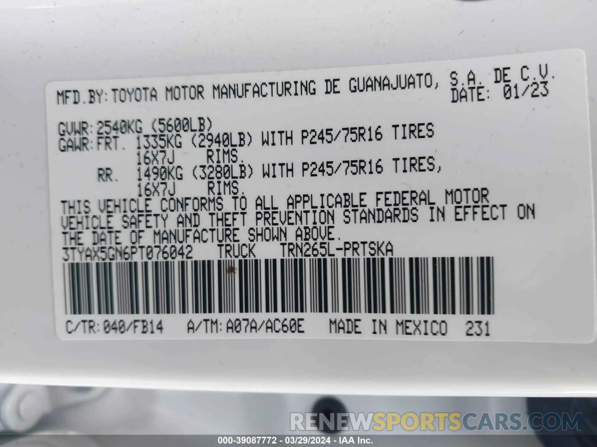 9 fotografías del automóvil dañado 3TYAX5GN6PT076042 TOYOTA TACOMA 2023