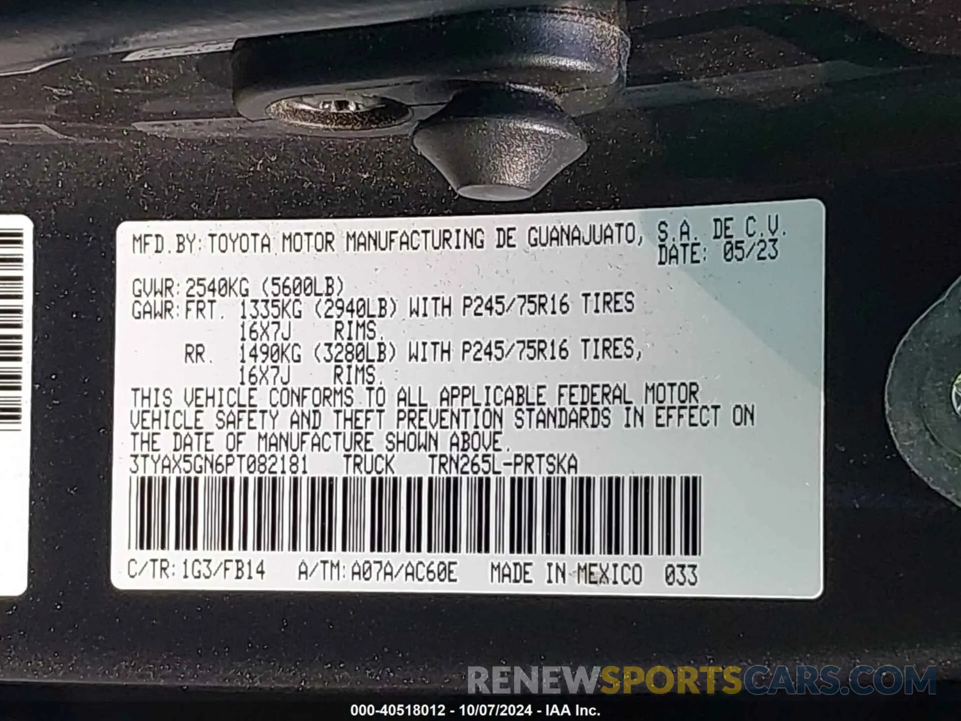 9 fotografías del automóvil dañado 3TYAX5GN6PT082181 TOYOTA TACOMA 2023