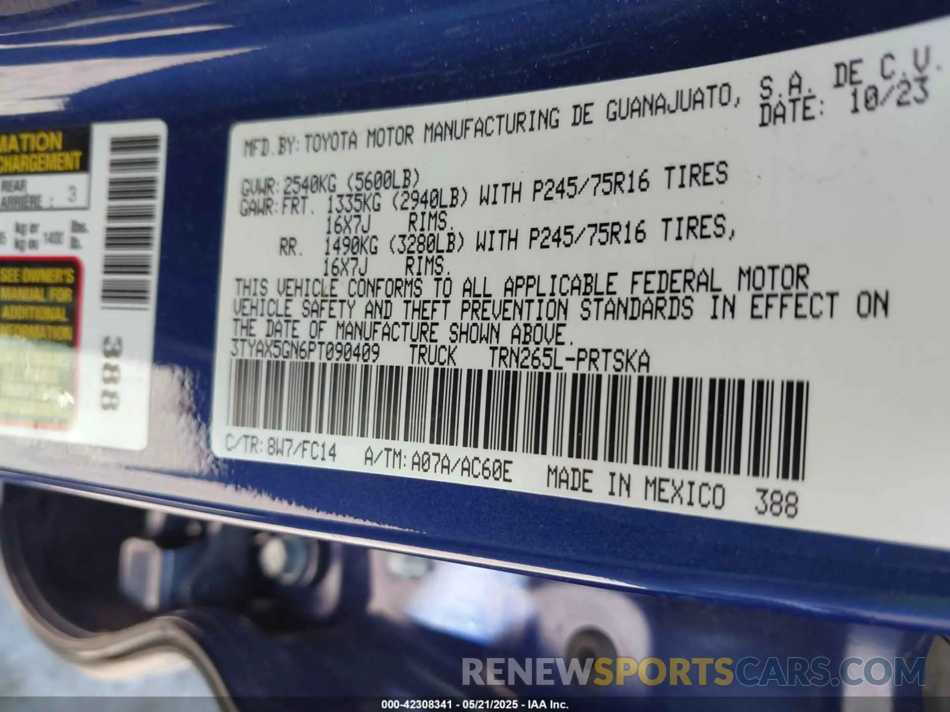 9 fotografías del automóvil dañado 3TYAX5GN6PT090409 TOYOTA TACOMA 2023