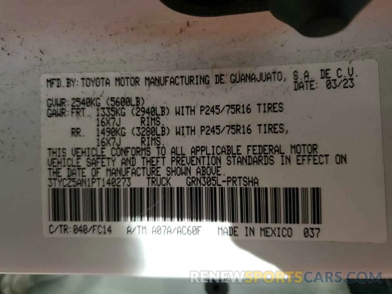13 fotografías del automóvil dañado 3TYCZ5AN1PT140273 TOYOTA TACOMA 2023