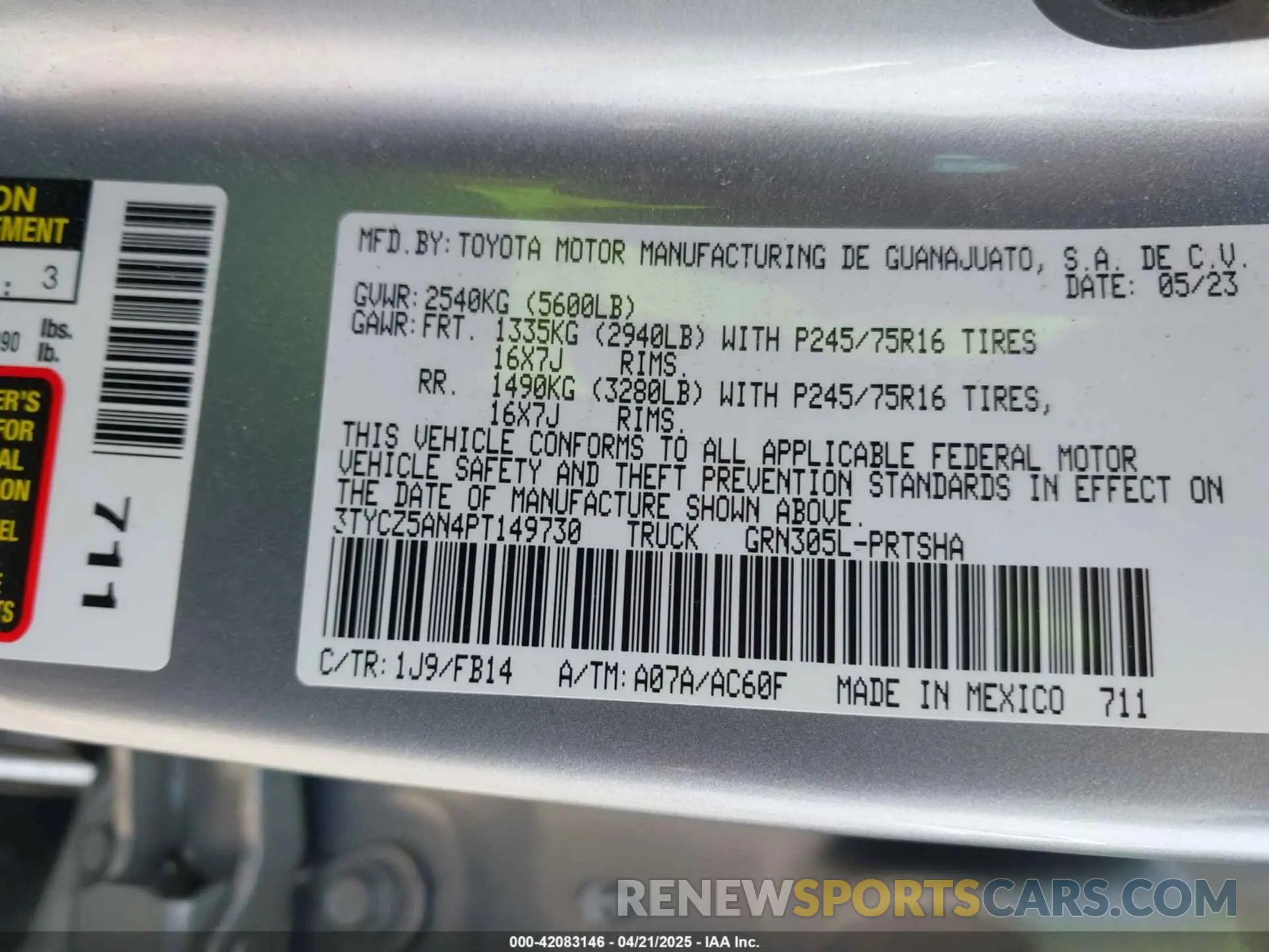 9 fotografías del automóvil dañado 3TYCZ5AN4PT149730 TOYOTA TACOMA 2023