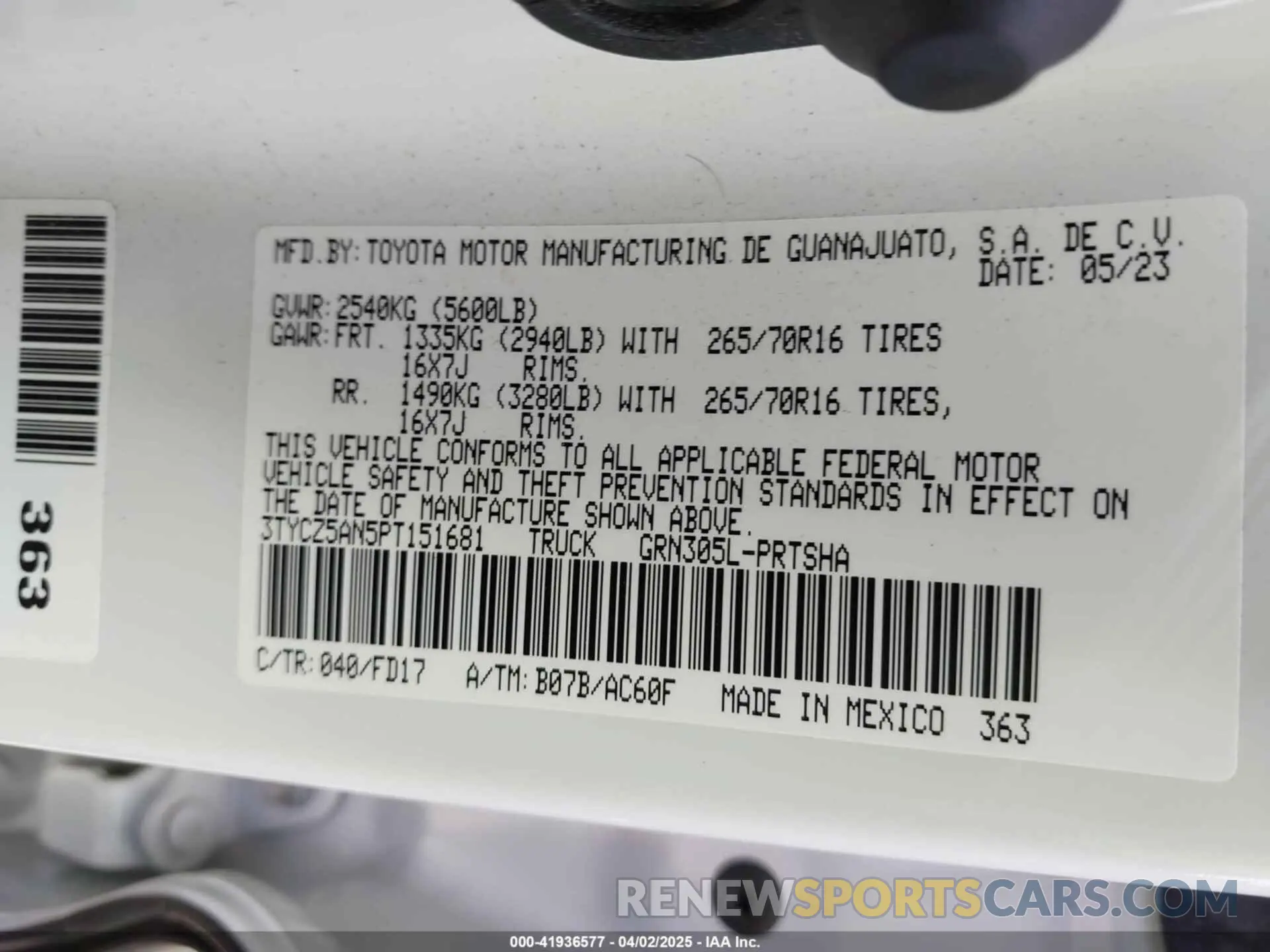 9 fotografías del automóvil dañado 3TYCZ5AN5PT151681 TOYOTA TACOMA 2023