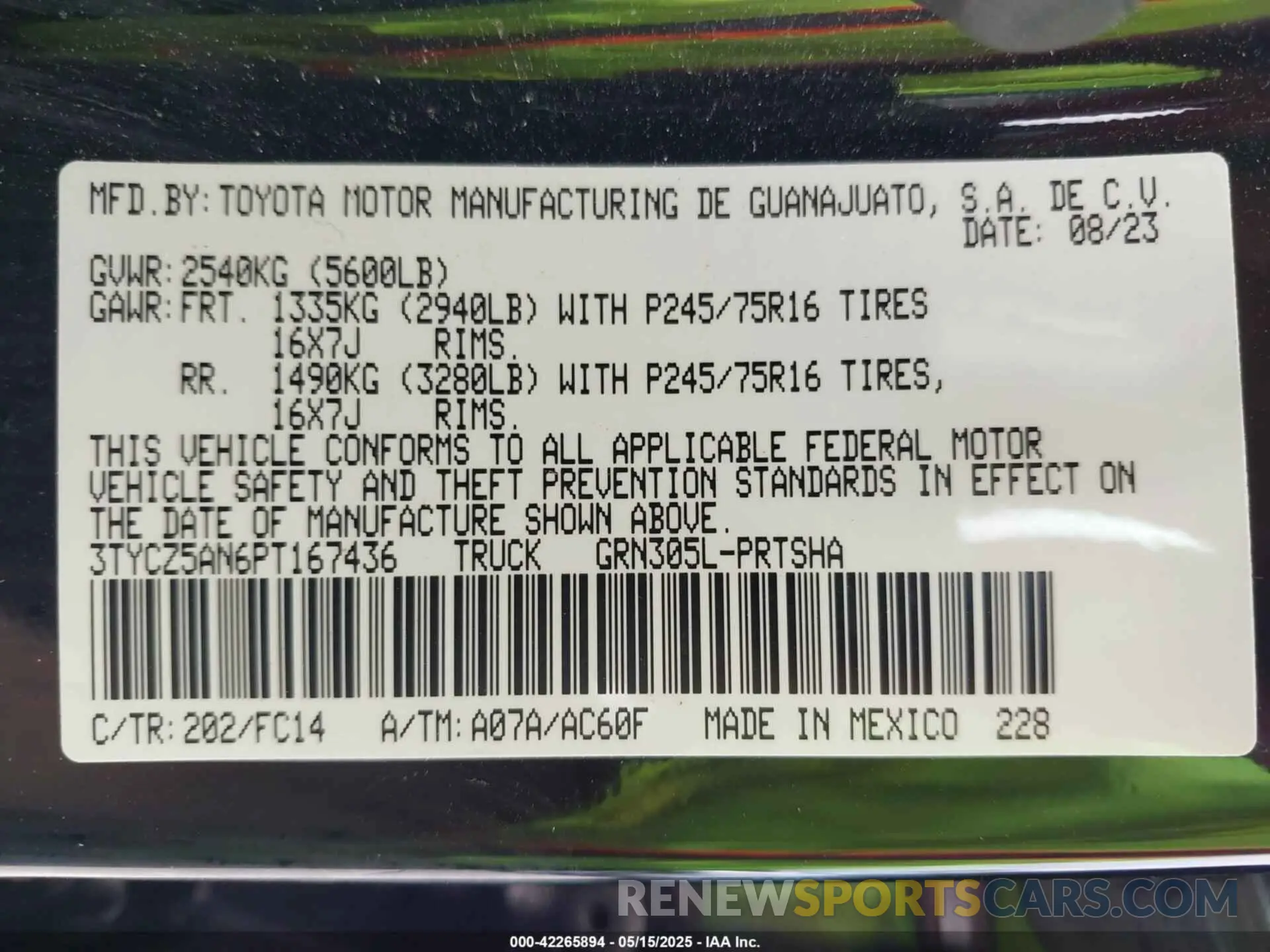 9 fotografías del automóvil dañado 3TYCZ5AN6PT167436 TOYOTA TACOMA 2023