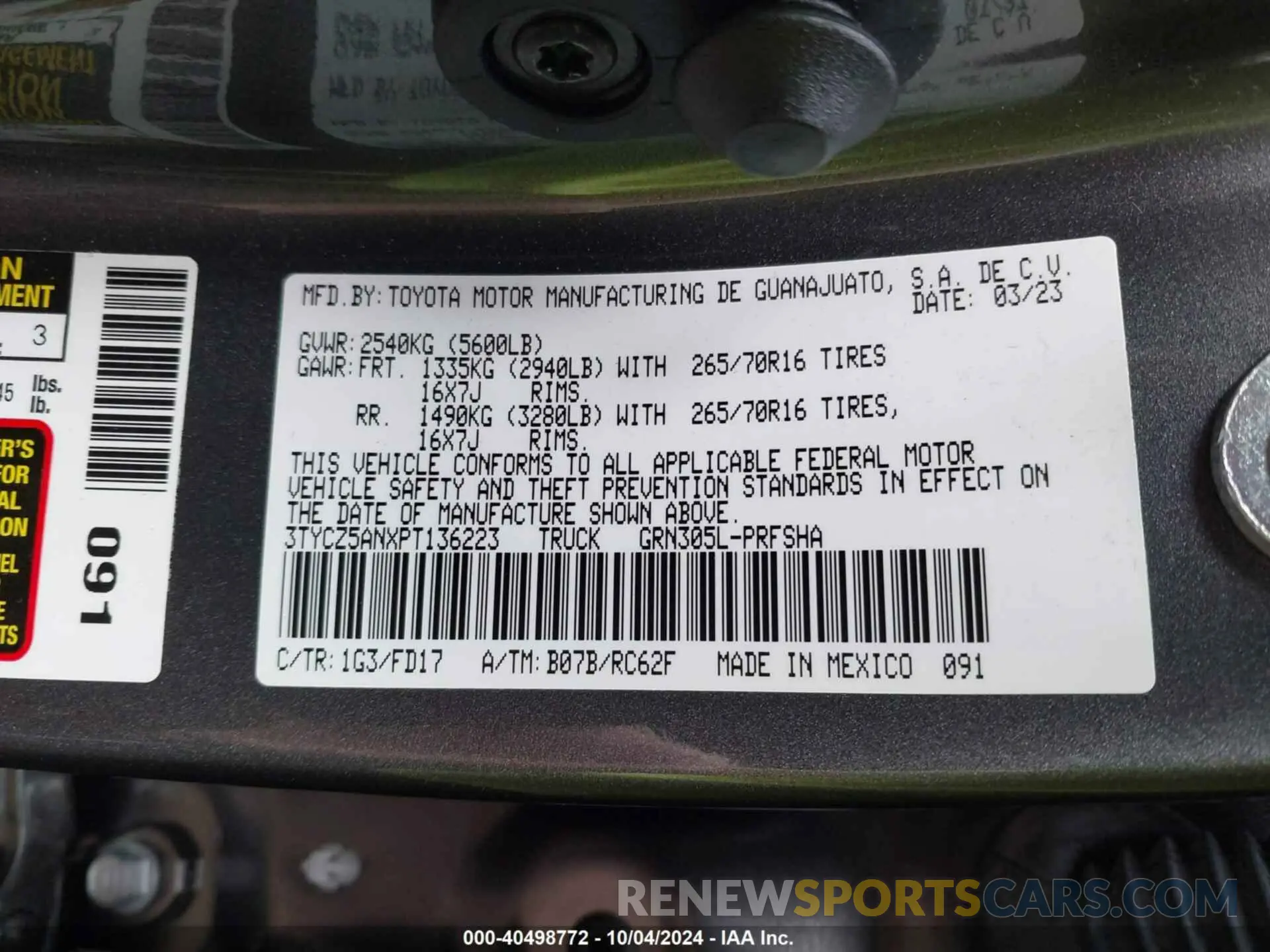 9 fotografías del automóvil dañado 3TYCZ5ANXPT136223 TOYOTA TACOMA 2023