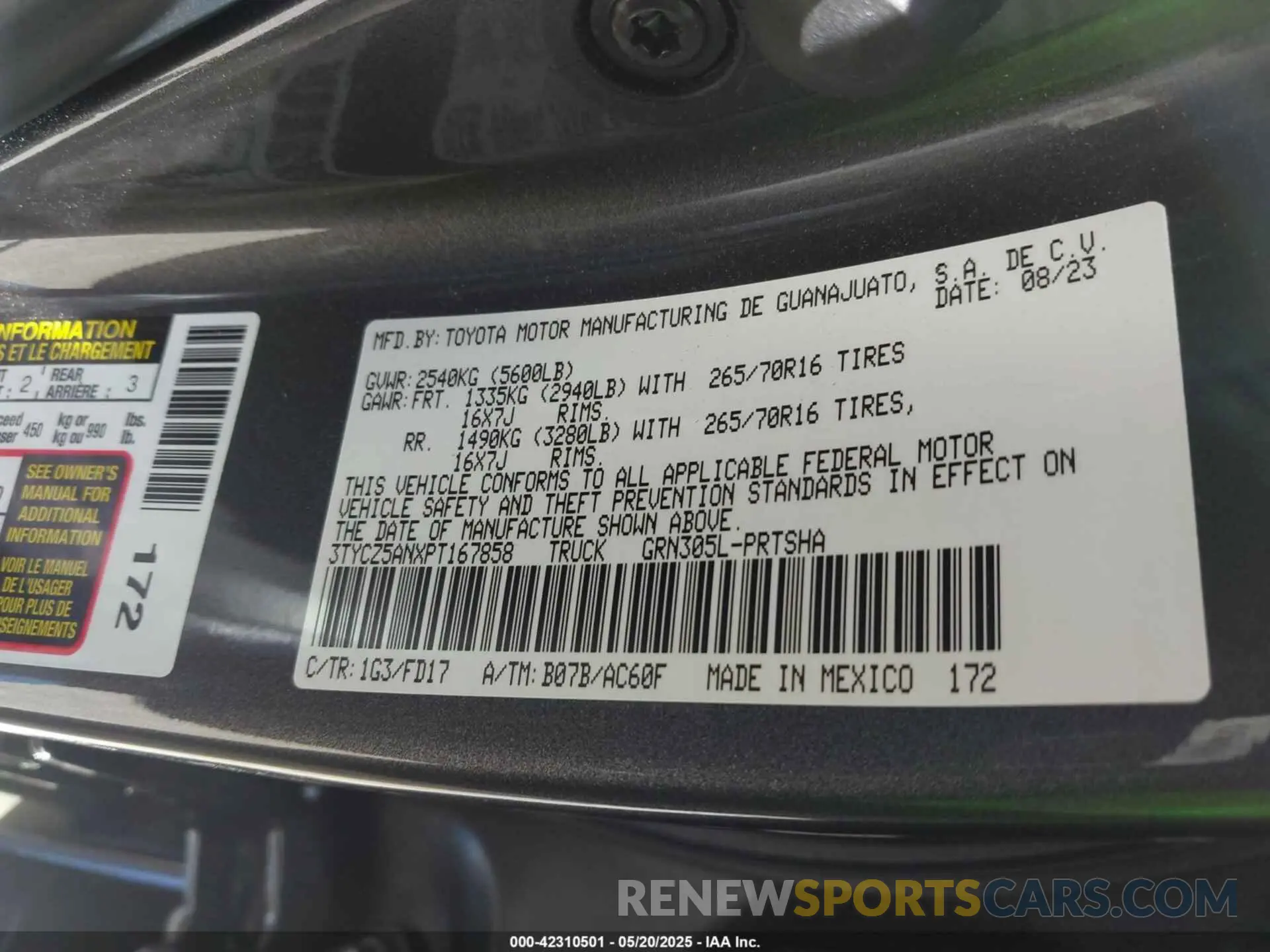 9 fotografías del automóvil dañado 3TYCZ5ANXPT167858 TOYOTA TACOMA 2023