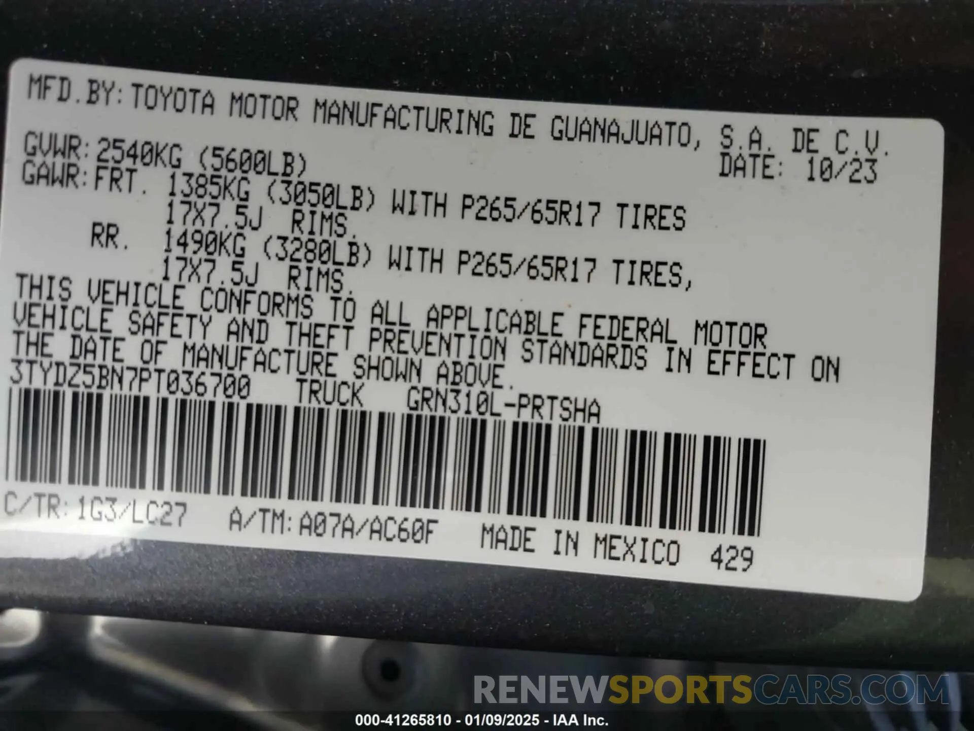 9 fotografías del automóvil dañado 3TYDZ5BN7PT036700 TOYOTA TACOMA 2023