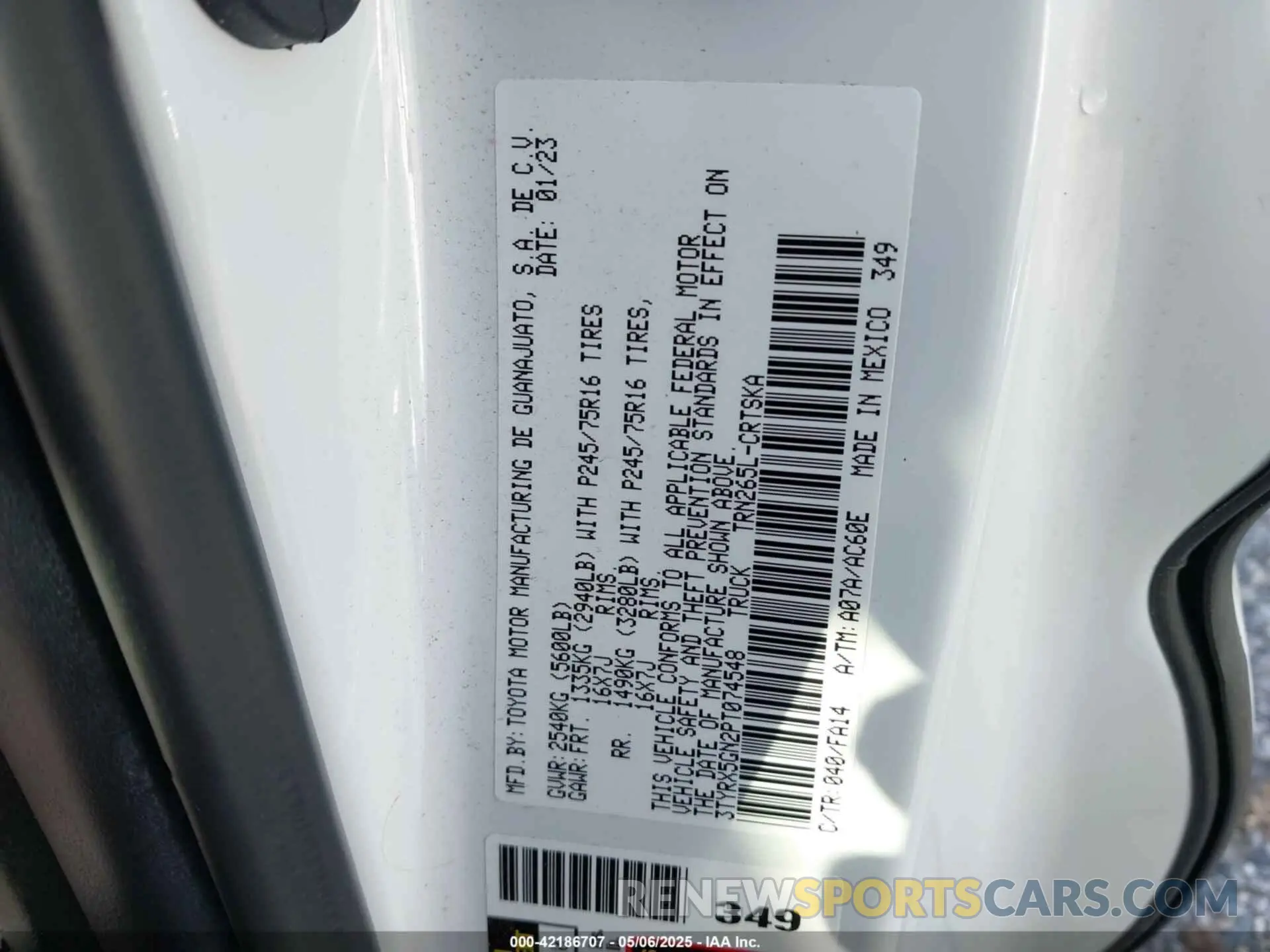 9 fotografías del automóvil dañado 3TYRX5GN2PT074548 TOYOTA TACOMA 2023