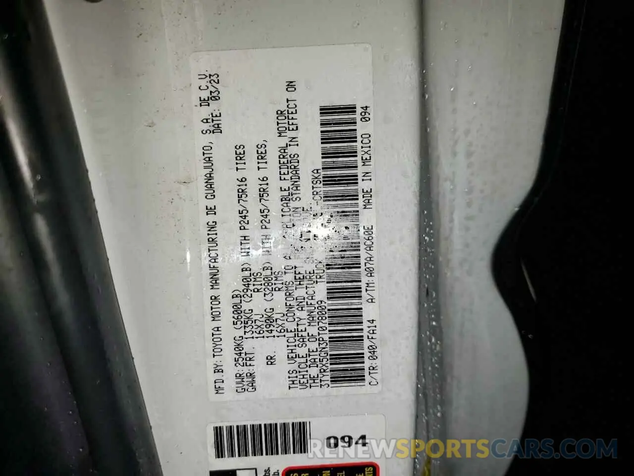 12 fotografías del automóvil dañado 3TYRX5GN3PT078009 TOYOTA TACOMA 2023