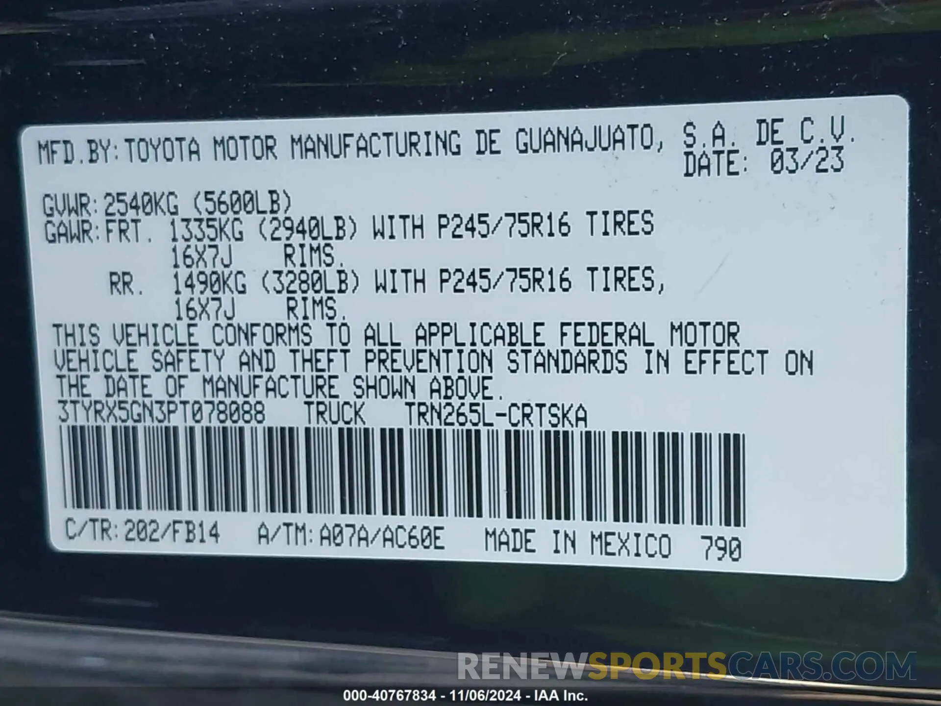9 fotografías del automóvil dañado 3TYRX5GN3PT078088 TOYOTA TACOMA 2023