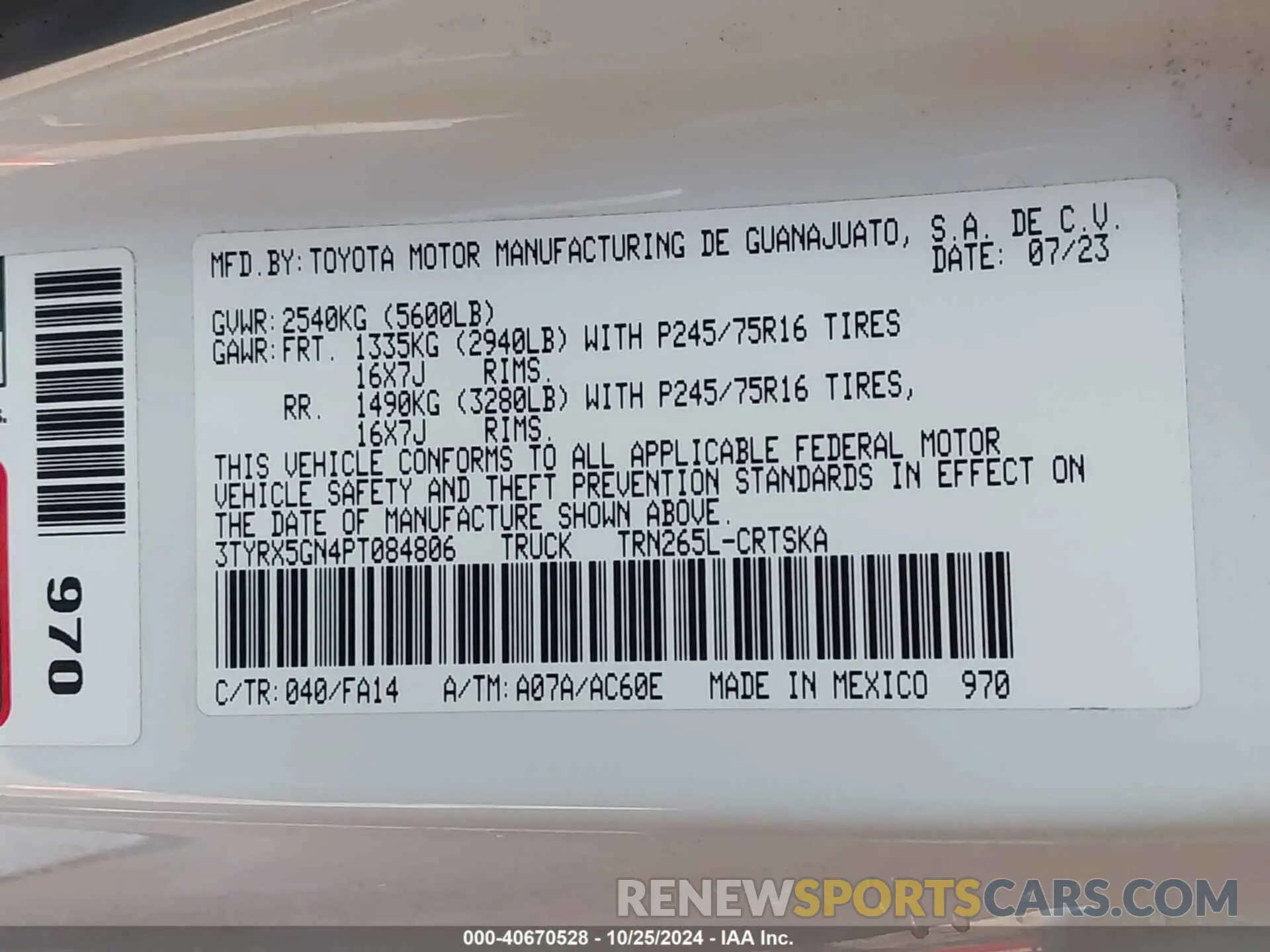 9 fotografías del automóvil dañado 3TYRX5GN4PT084806 TOYOTA TACOMA 2023