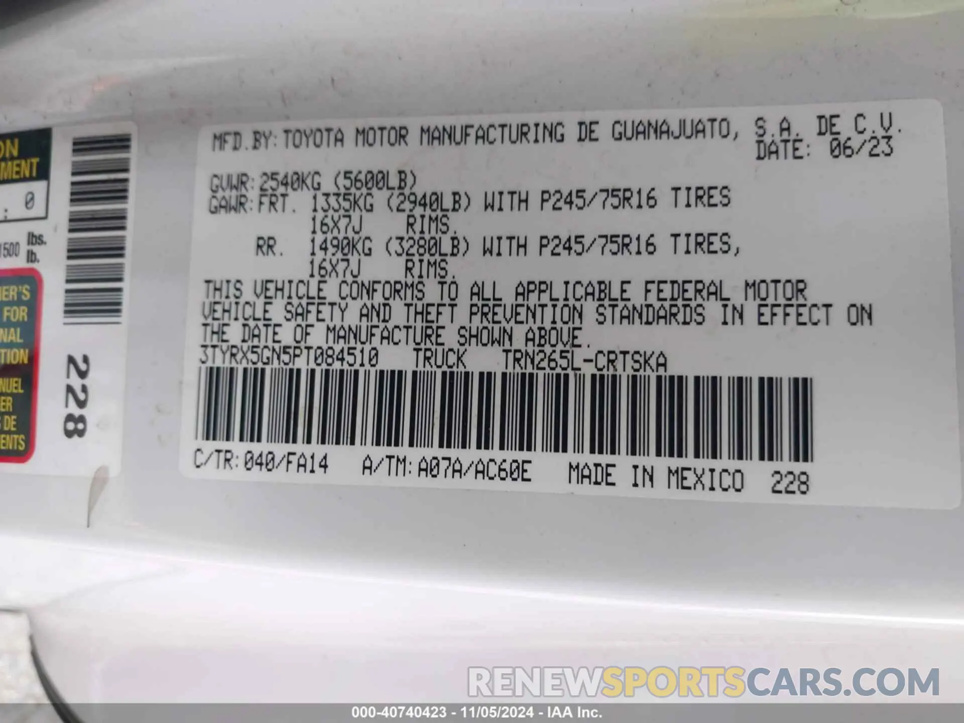 9 fotografías del automóvil dañado 3TYRX5GN5PT084510 TOYOTA TACOMA 2023