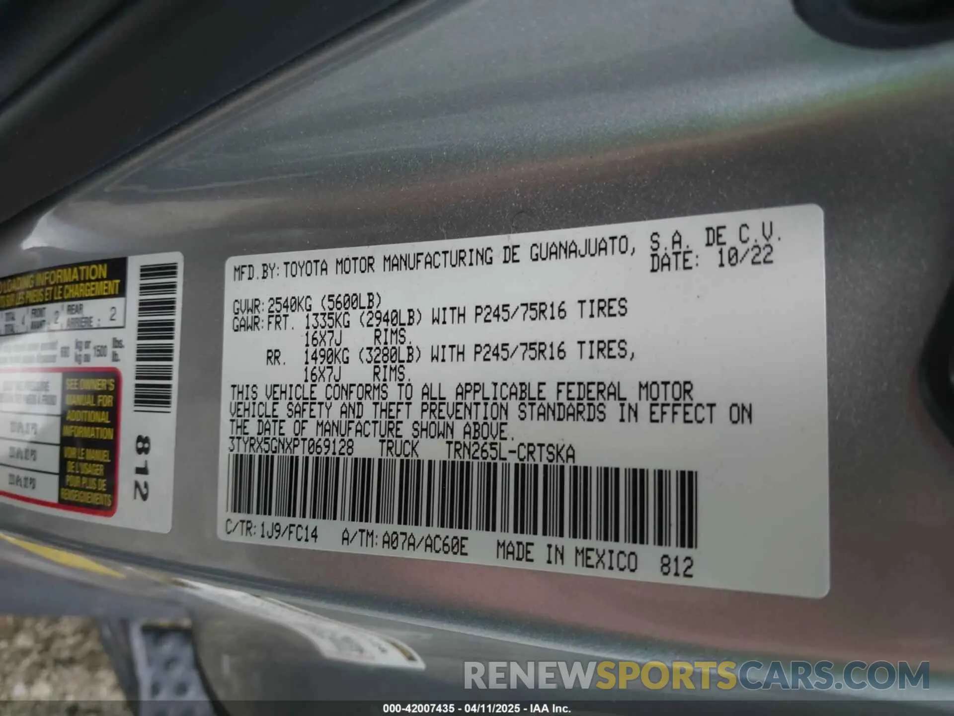 9 fotografías del automóvil dañado 3TYRX5GNXPT069128 TOYOTA TACOMA 2023