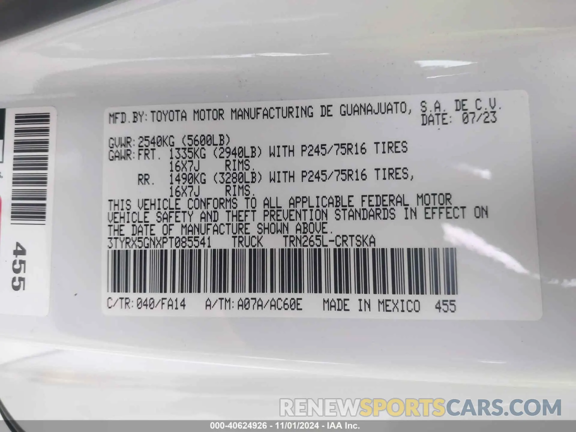 4 fotografías del automóvil dañado 3TYRX5GNXPT085541 TOYOTA TACOMA 2023