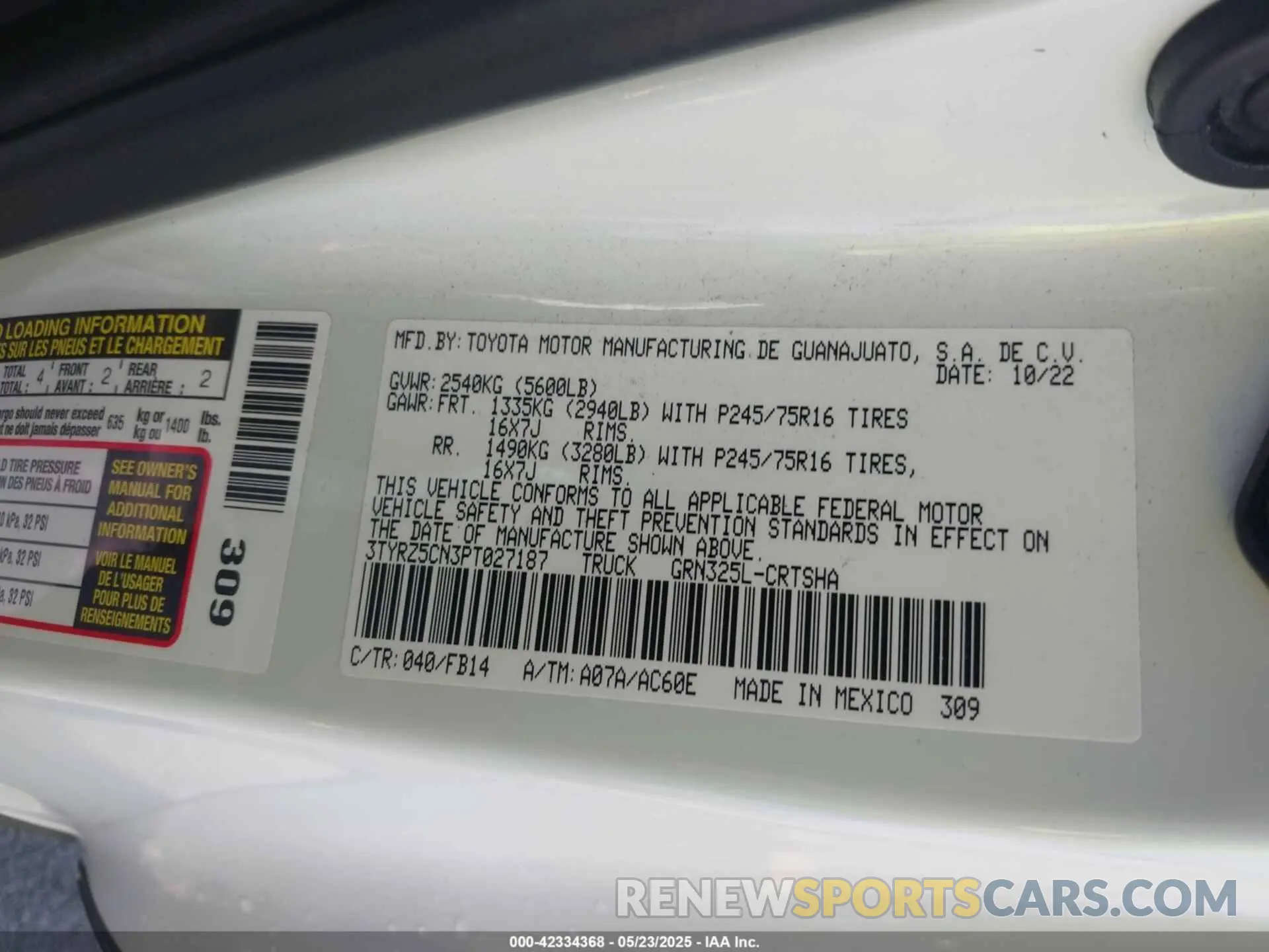 9 fotografías del automóvil dañado 3TYRZ5CN3PT027187 TOYOTA TACOMA 2023