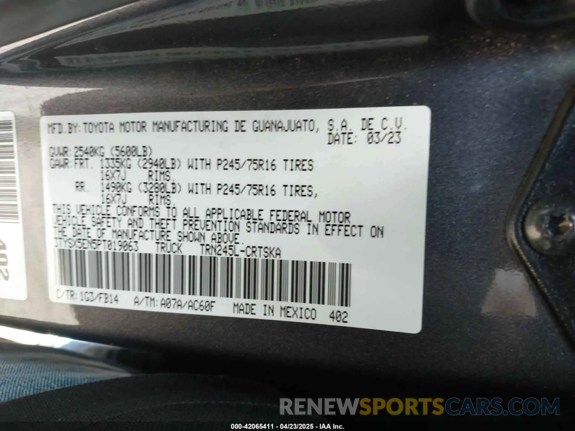 9 fotografías del automóvil dañado 3TYSX5EN5PT019063 TOYOTA TACOMA 2023