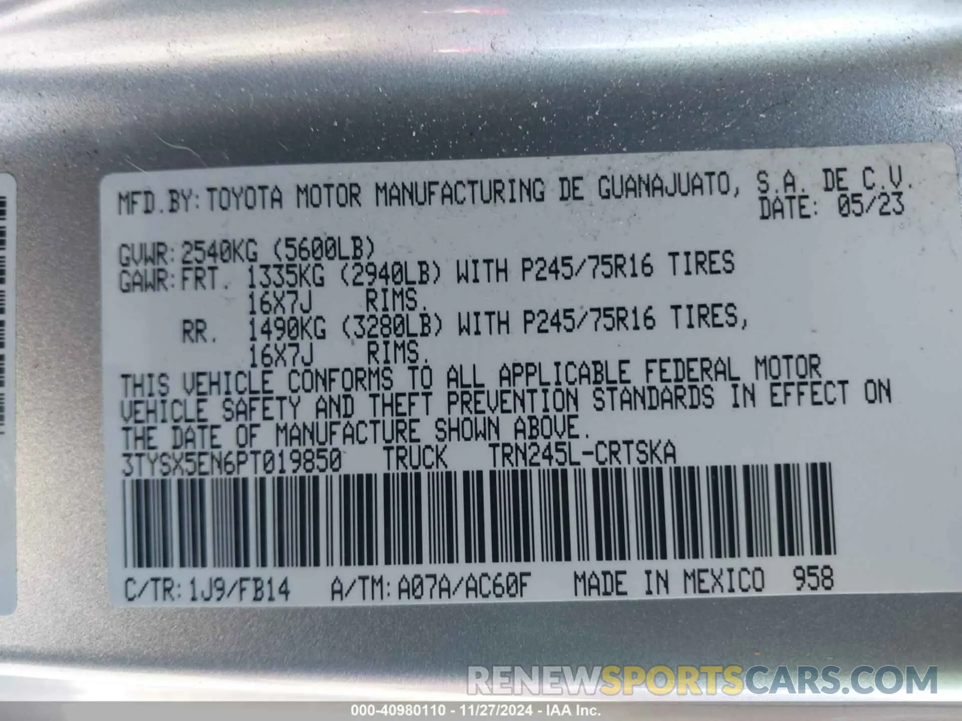9 fotografías del automóvil dañado 3TYSX5EN6PT019850 TOYOTA TACOMA 2023