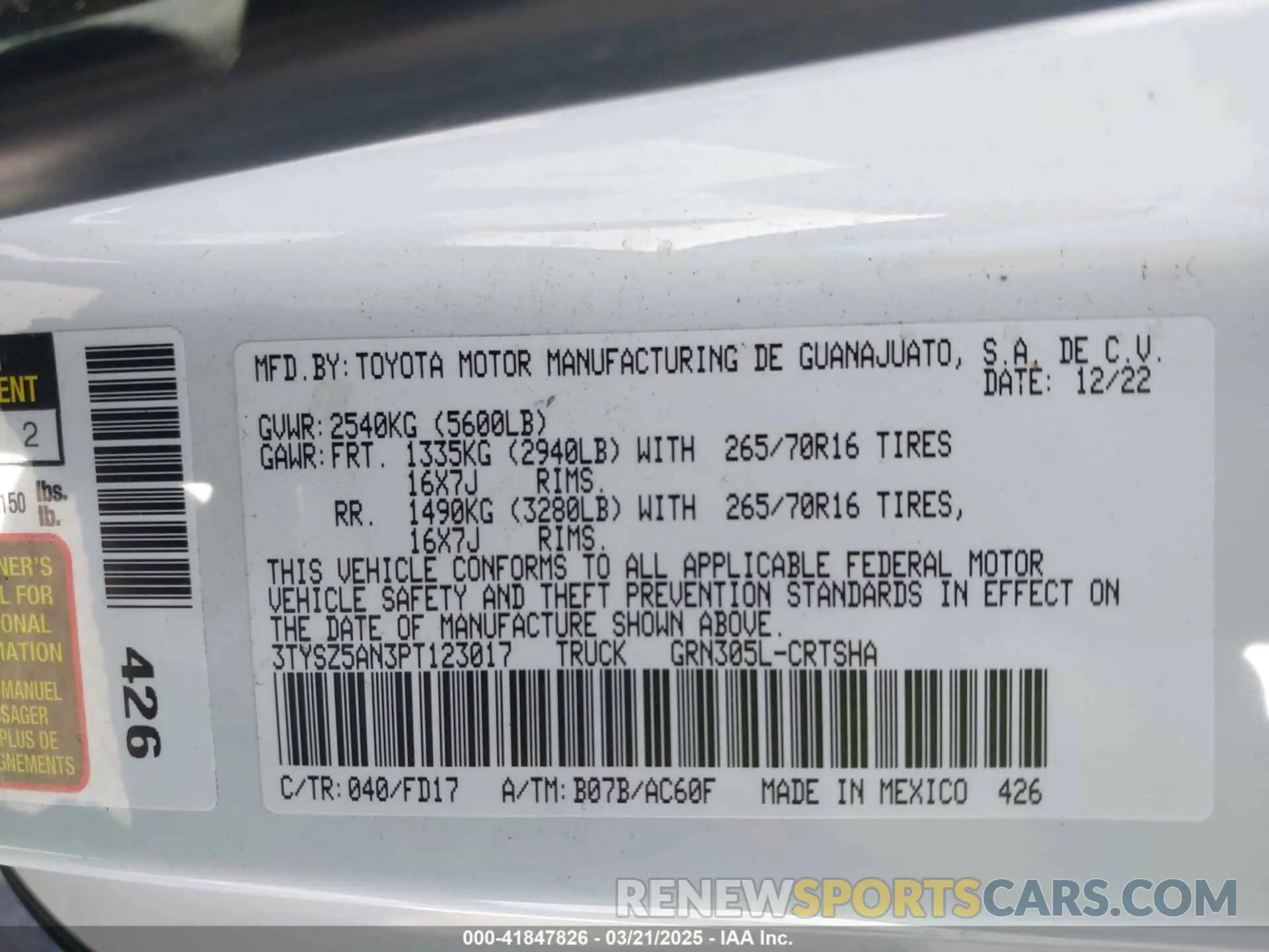 9 fotografías del automóvil dañado 3TYSZ5AN3PT123017 TOYOTA TACOMA 2023