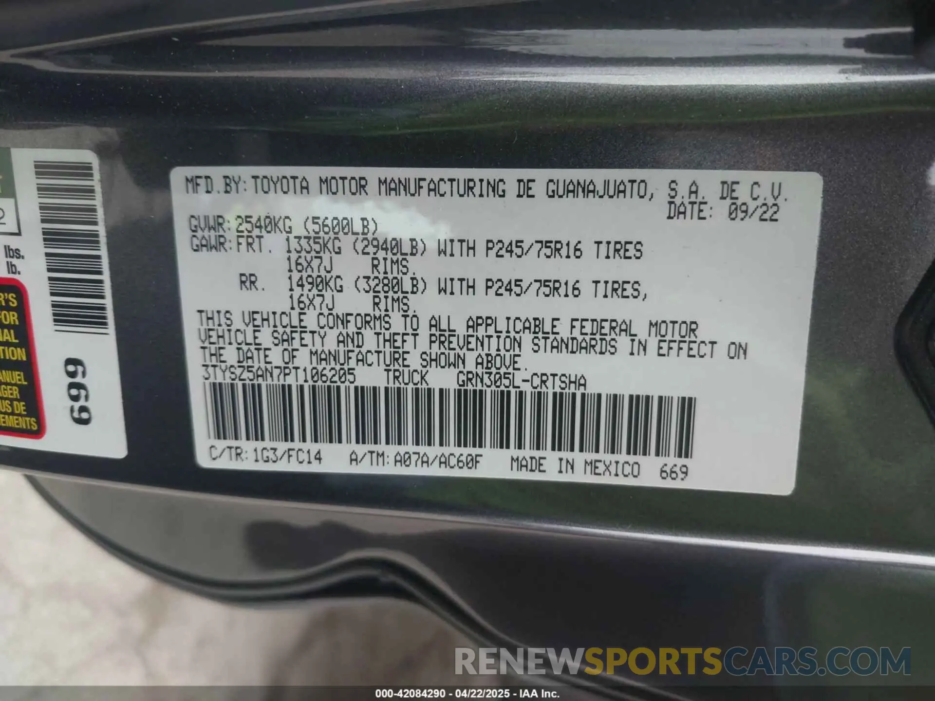 9 fotografías del automóvil dañado 3TYSZ5AN7PT106205 TOYOTA TACOMA 2023