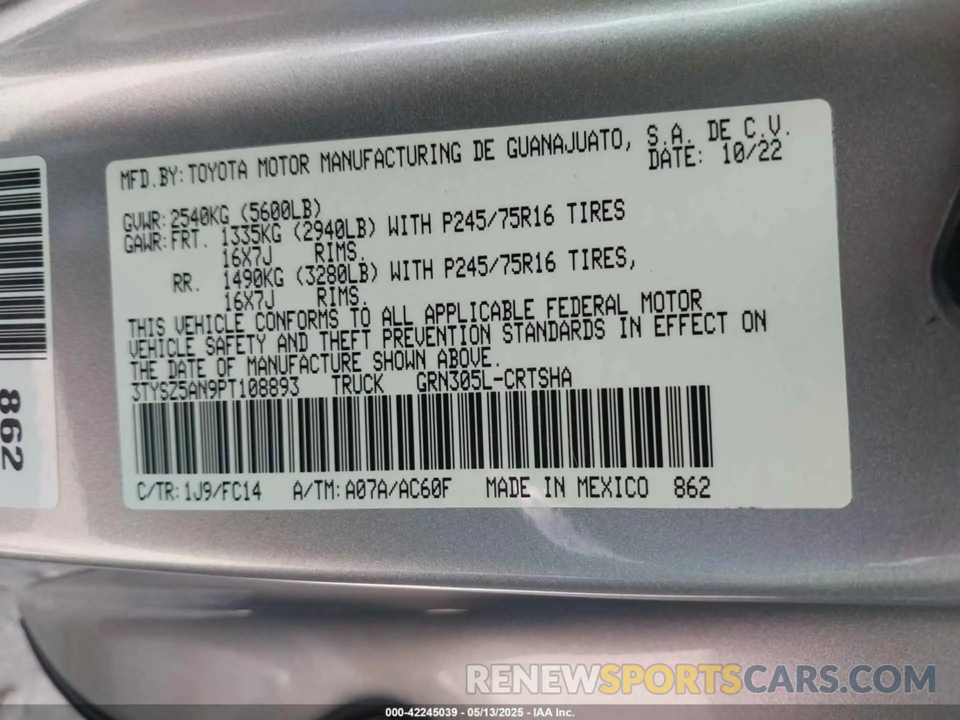 9 fotografías del automóvil dañado 3TYSZ5AN9PT108893 TOYOTA TACOMA 2023